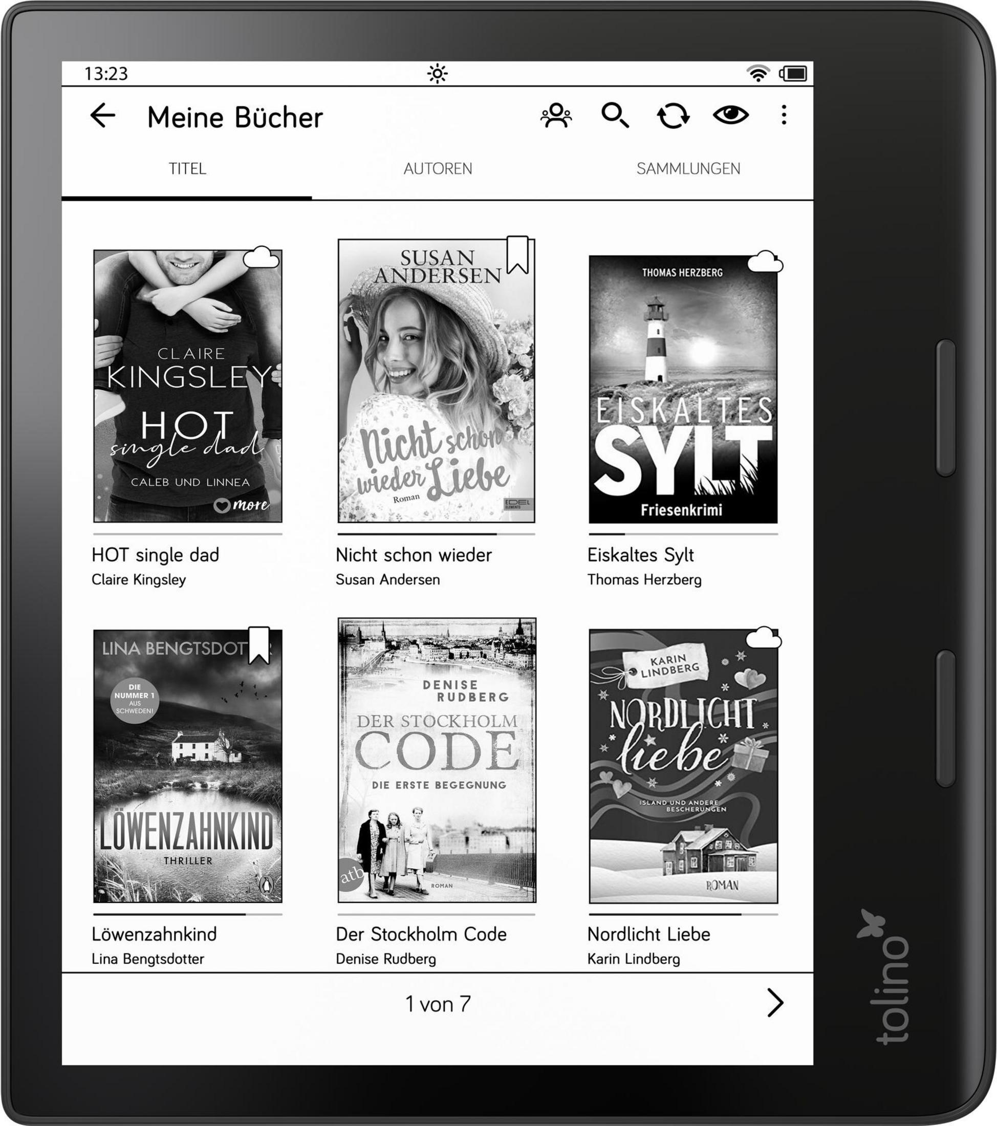 E-Reader zeigt Buchcover von "HOT single dad", "Nicht schon wieder Liebe", "Eiskaltes Sylt" und mehr.
