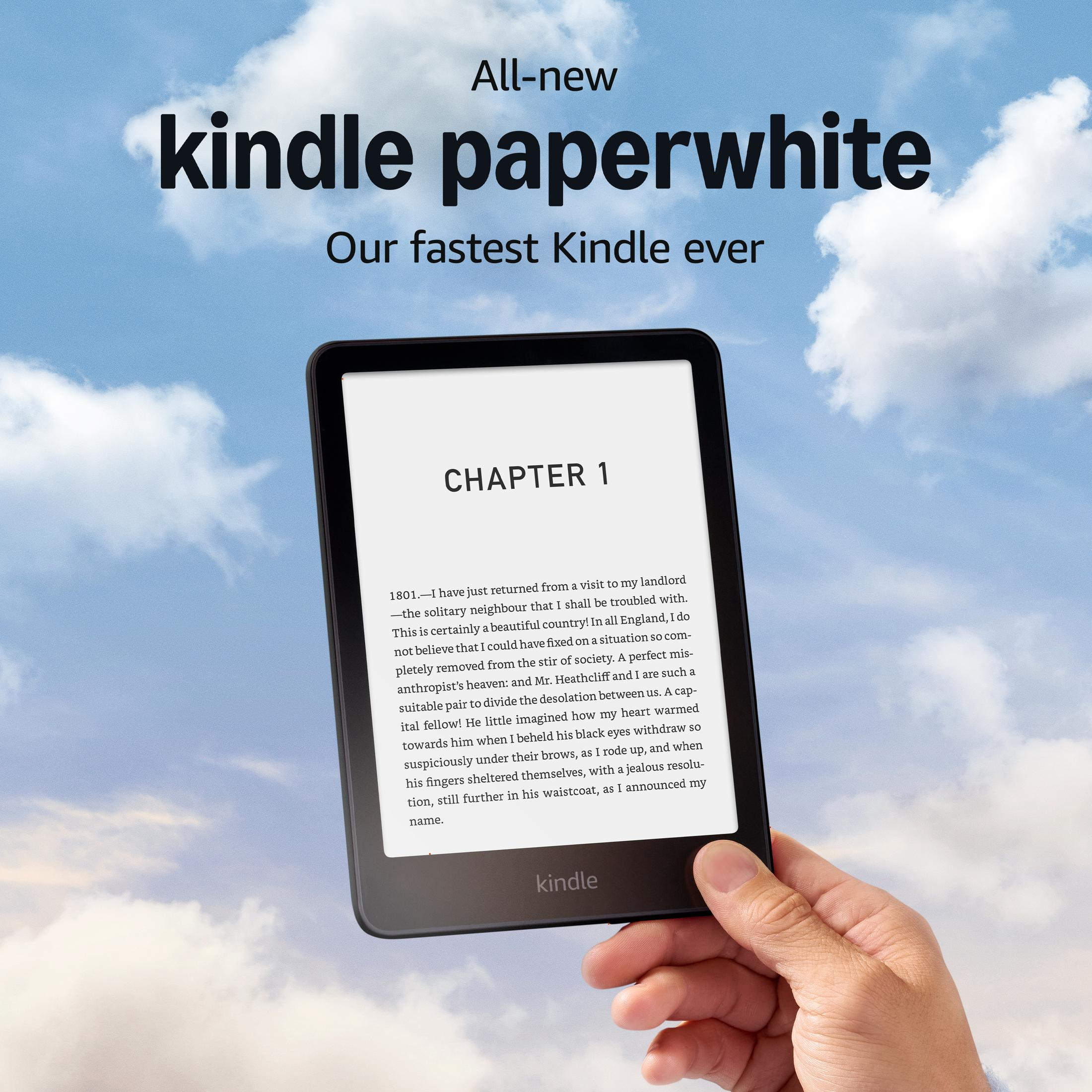 Dłoń trzymająca Kindle Paperwhite na tle nieba z chmurami. Tekst: All-new Kindle Paperwhite.