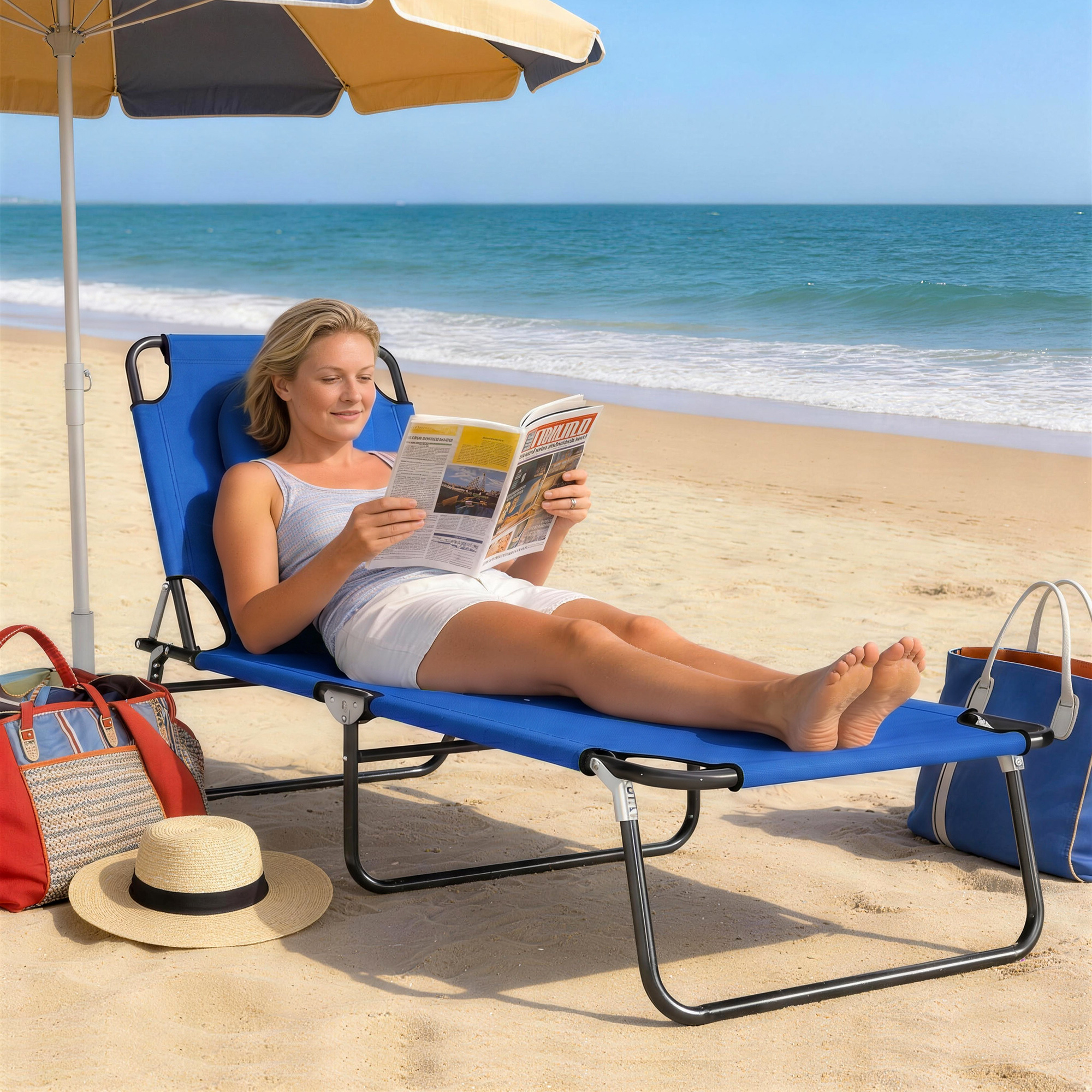 Una mujer lee una revista en una silla de playa azul bajo una sombrilla cerca del mar.