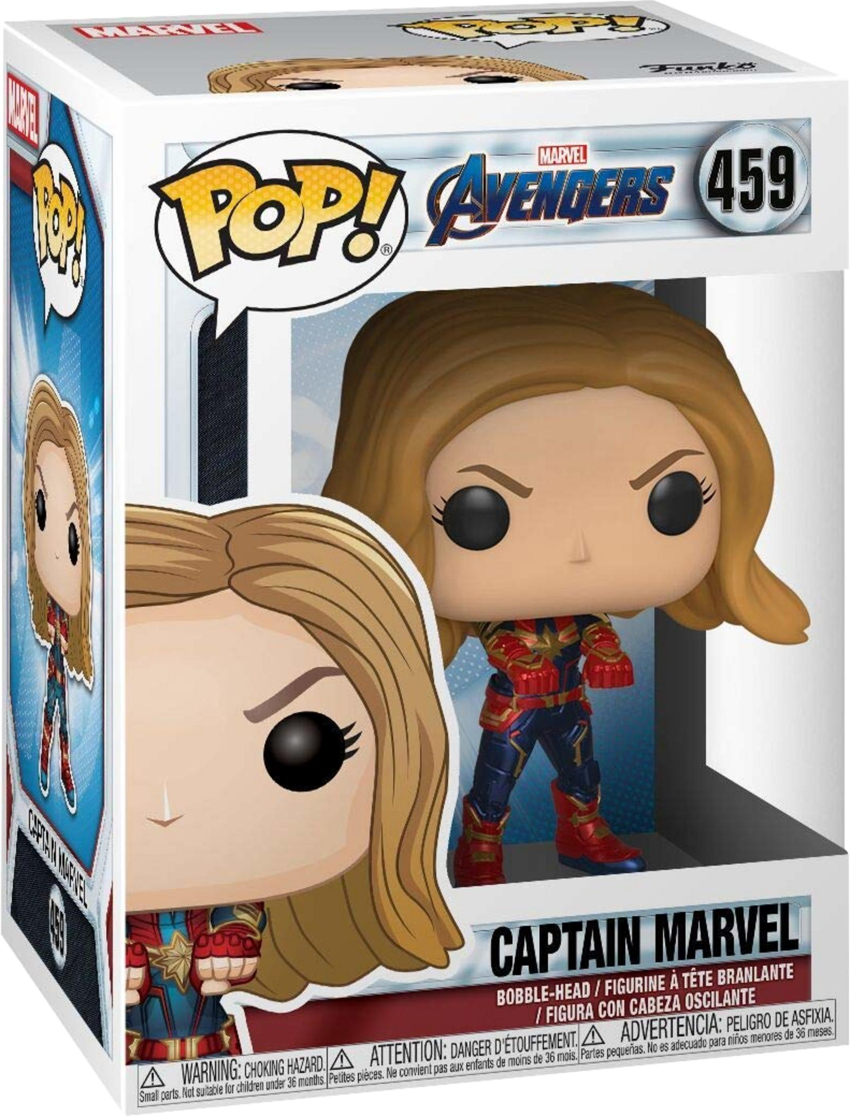 Action figure Funko Pop! Captain Marvel in scatola, con elementi artistici a fumetti.
