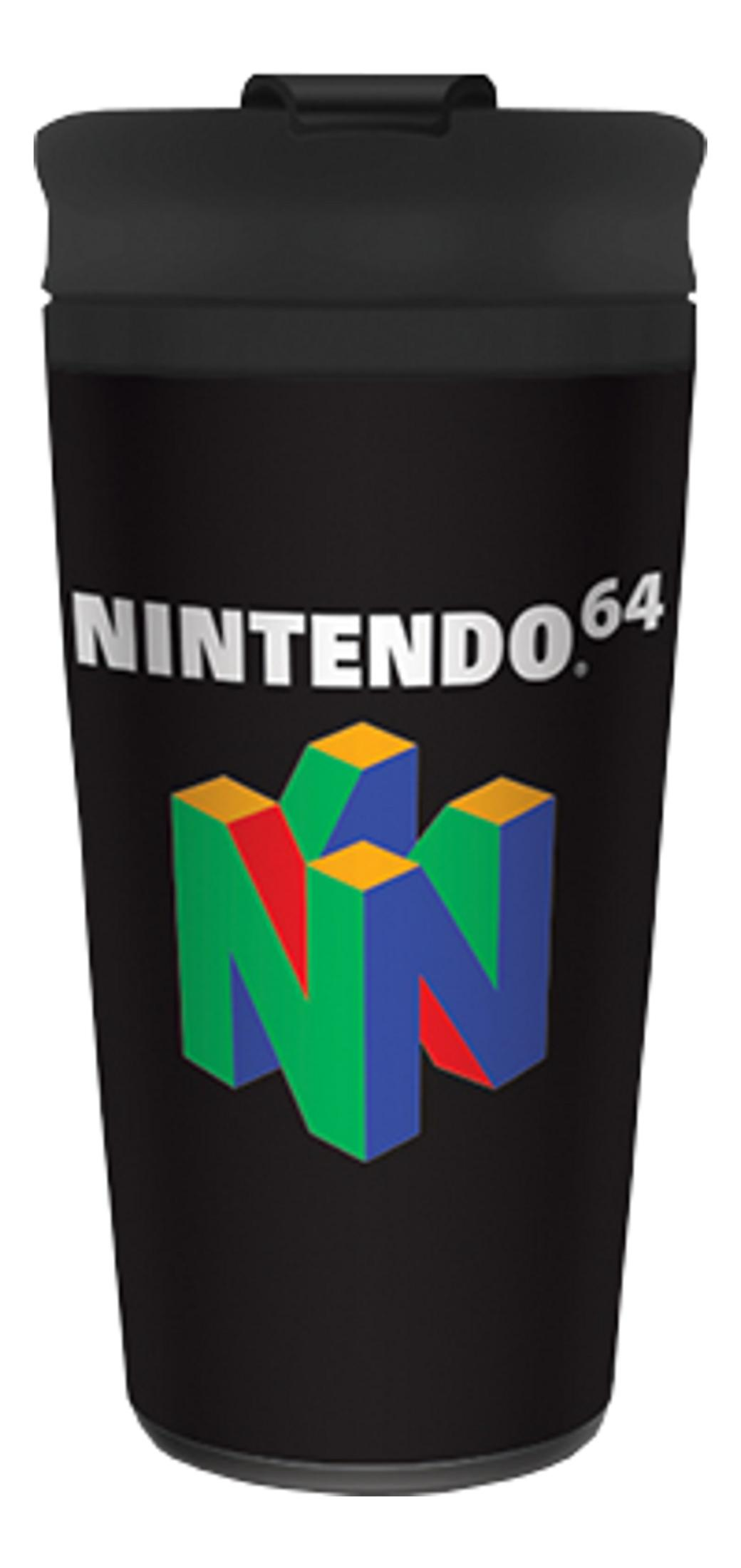 Schwarzer Becher mit Nintendo 64 Logo in Rot, Grün, Blau und Gelb.