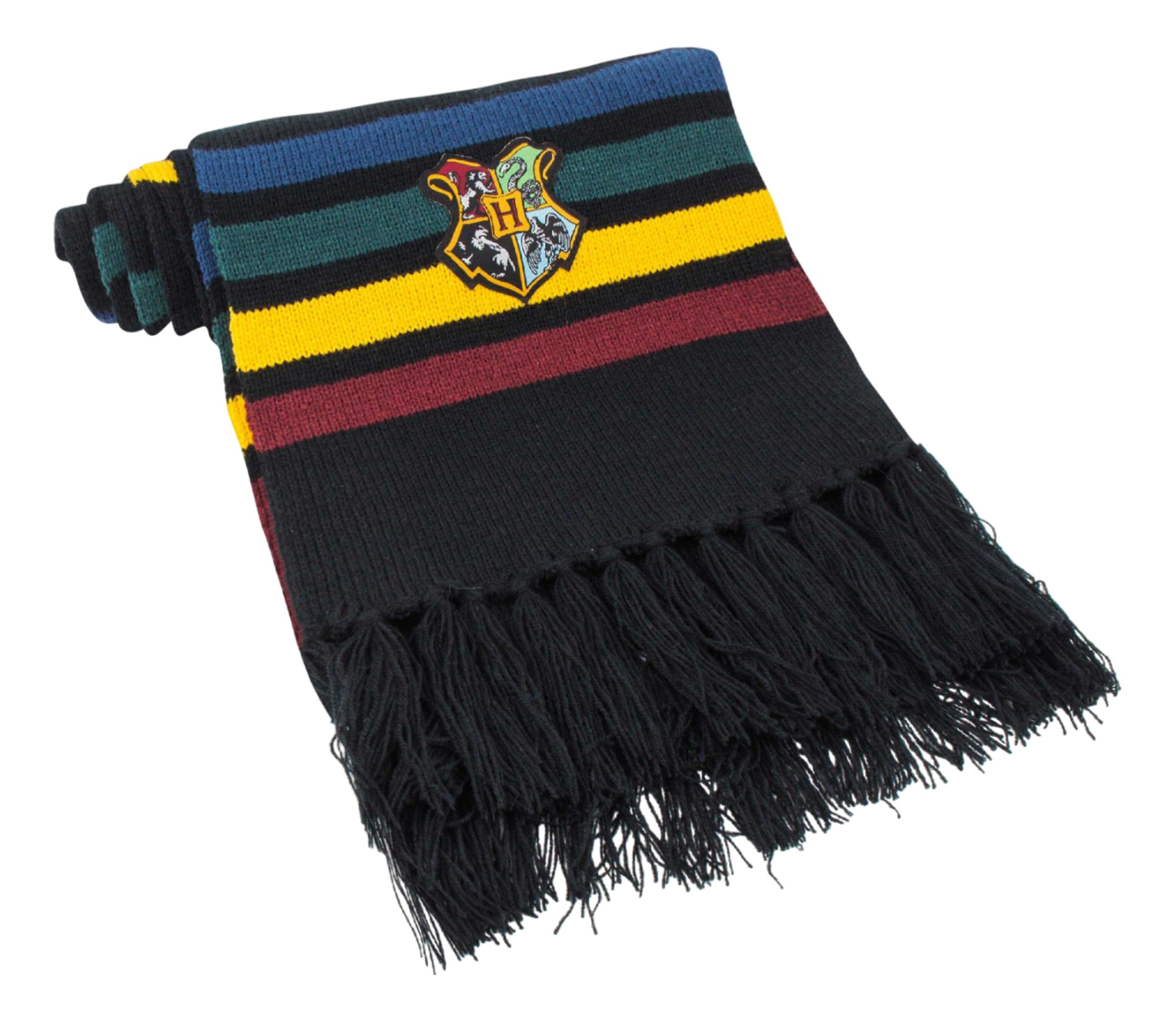 Ein gestreifter Schal mit Hogwarts-Wappen und Fransen.