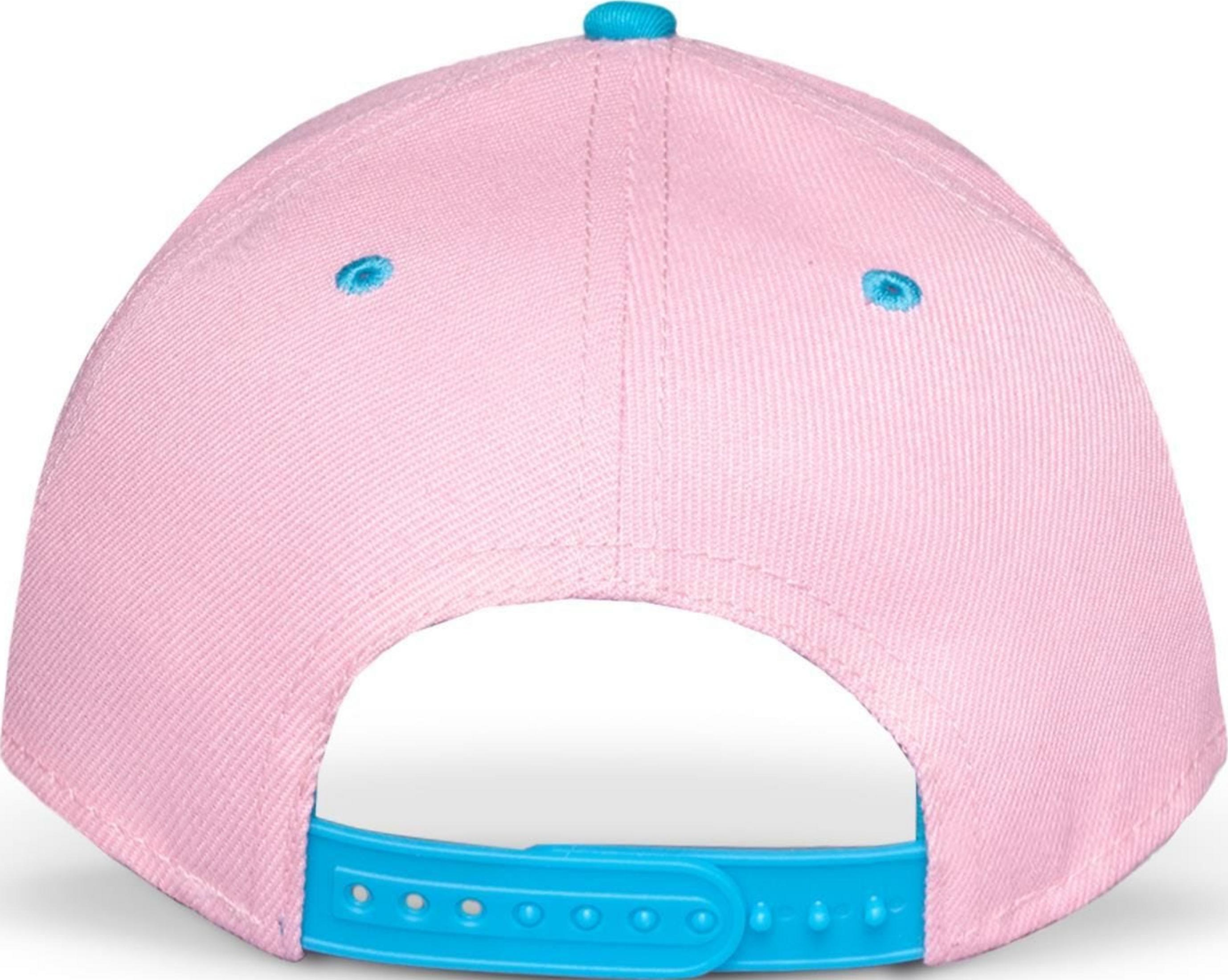 Une casquette rose avec des accents bleus et une sangle réglable.