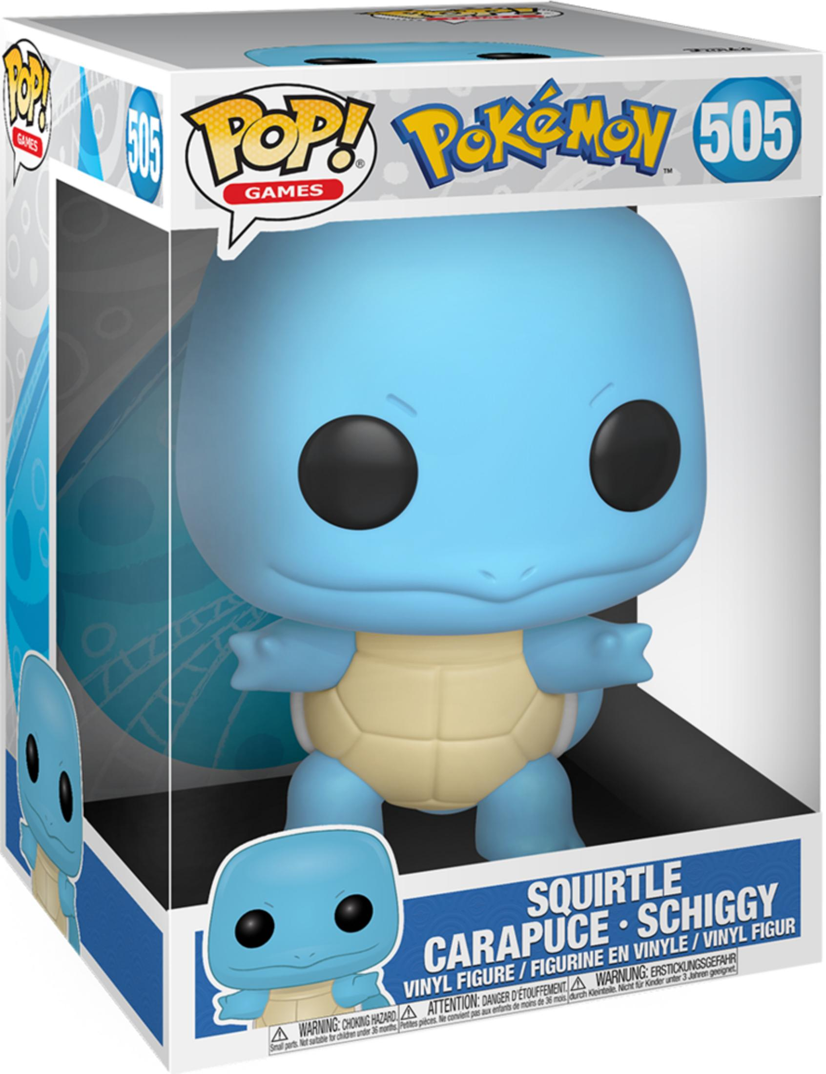 Eine blaue Squirtle-Figur mit einem gelben Panzer steht in einer Pokémon-Verpackung.
