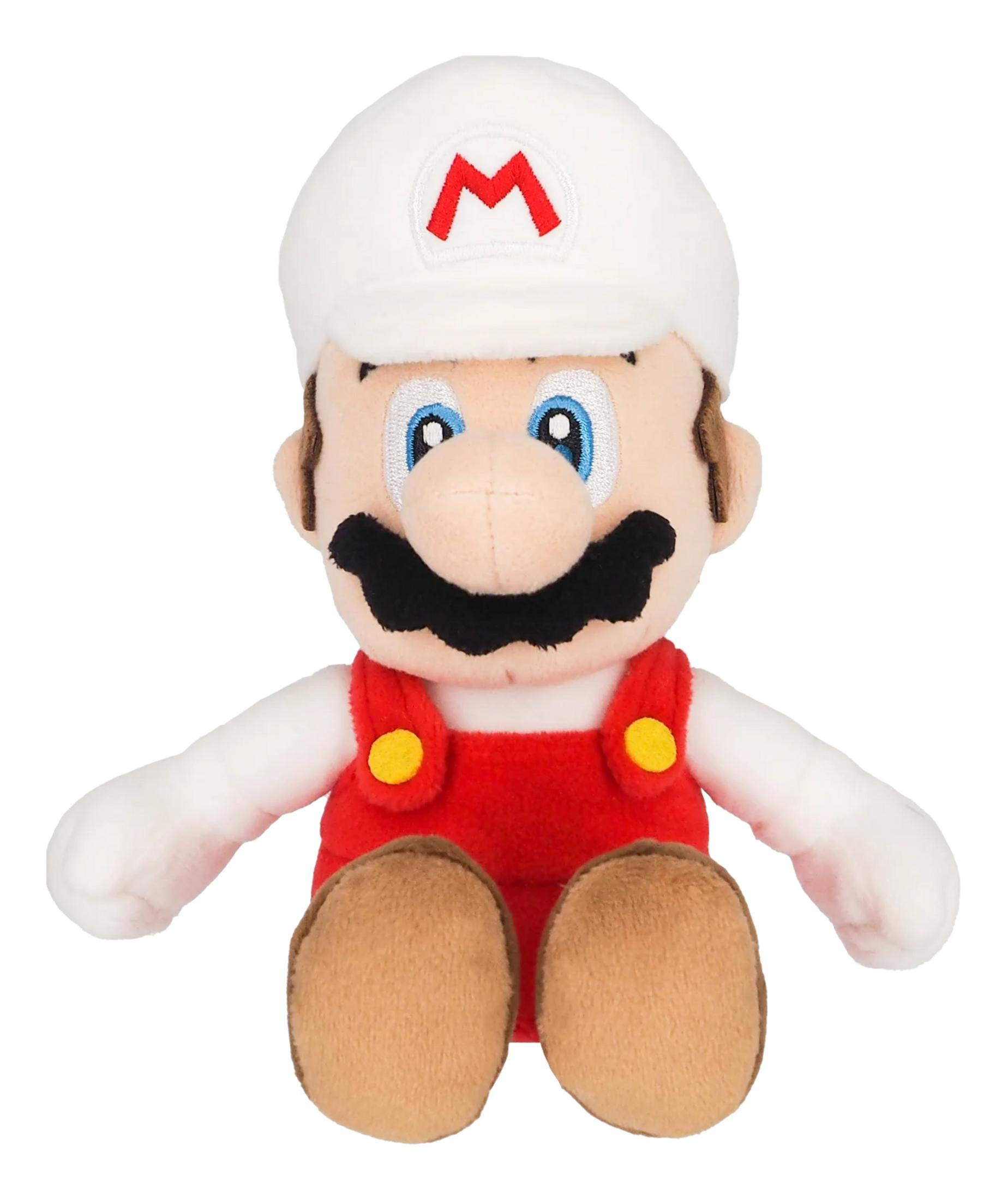 Plüsch-Mario mit weißer Mütze mit rotem M, rotem Latzhose und braunen Schuhen.