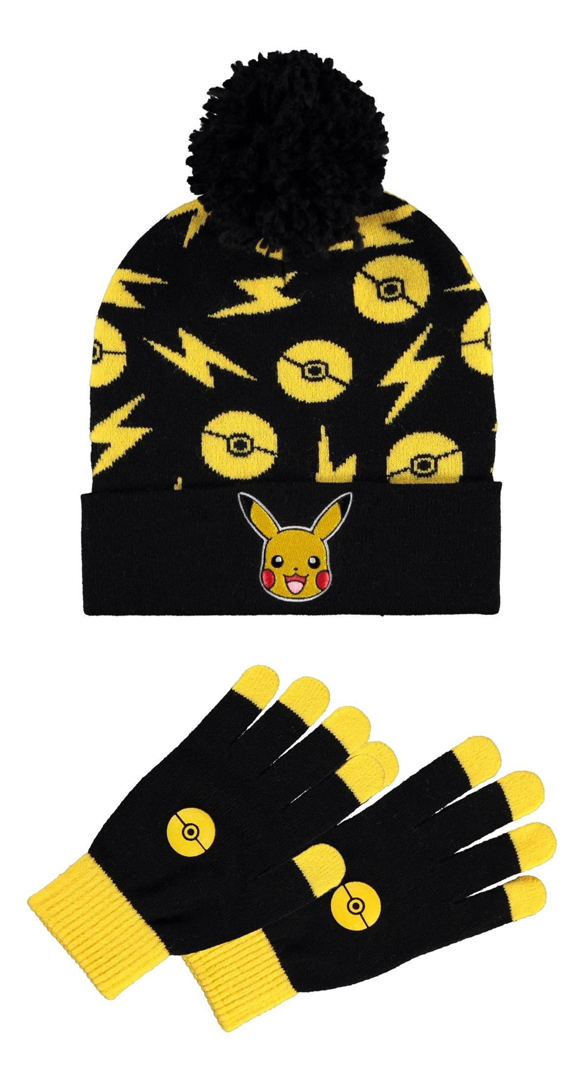 Schwarze Mütze mit gelben Blitzen, Pokébällen und Pikachu-Aufnäher. Dazu passende Handschuhe.