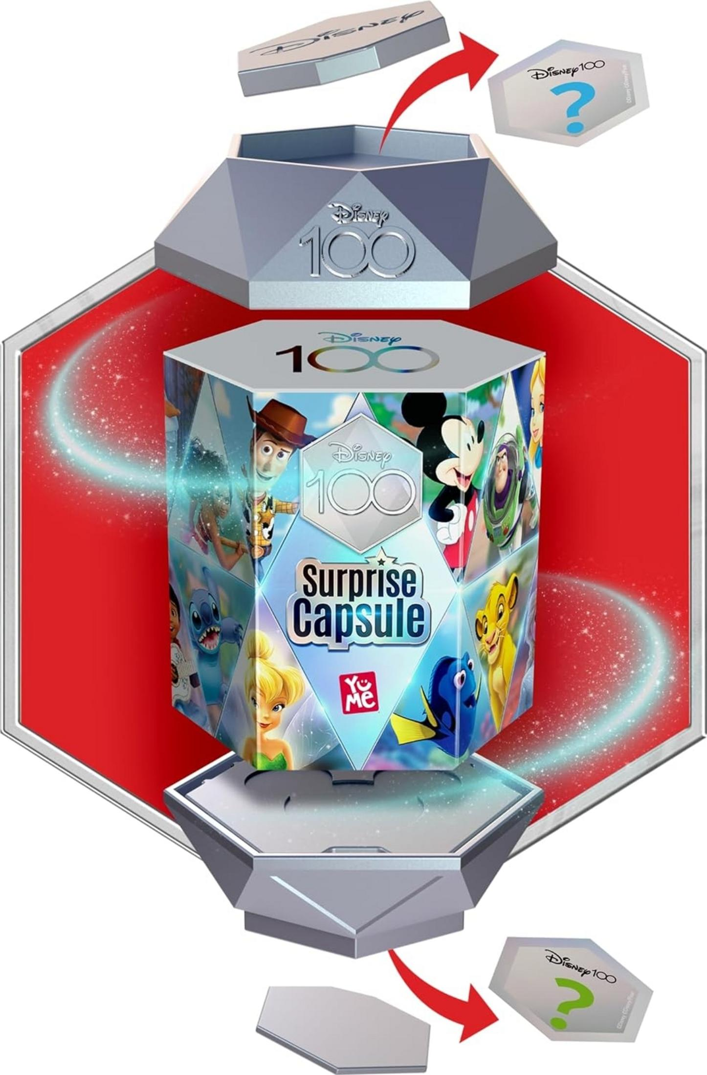 Disney 100 Überraschungskapsel mit Charakteren wie Woody, Mickey, Stitch und Dorie.