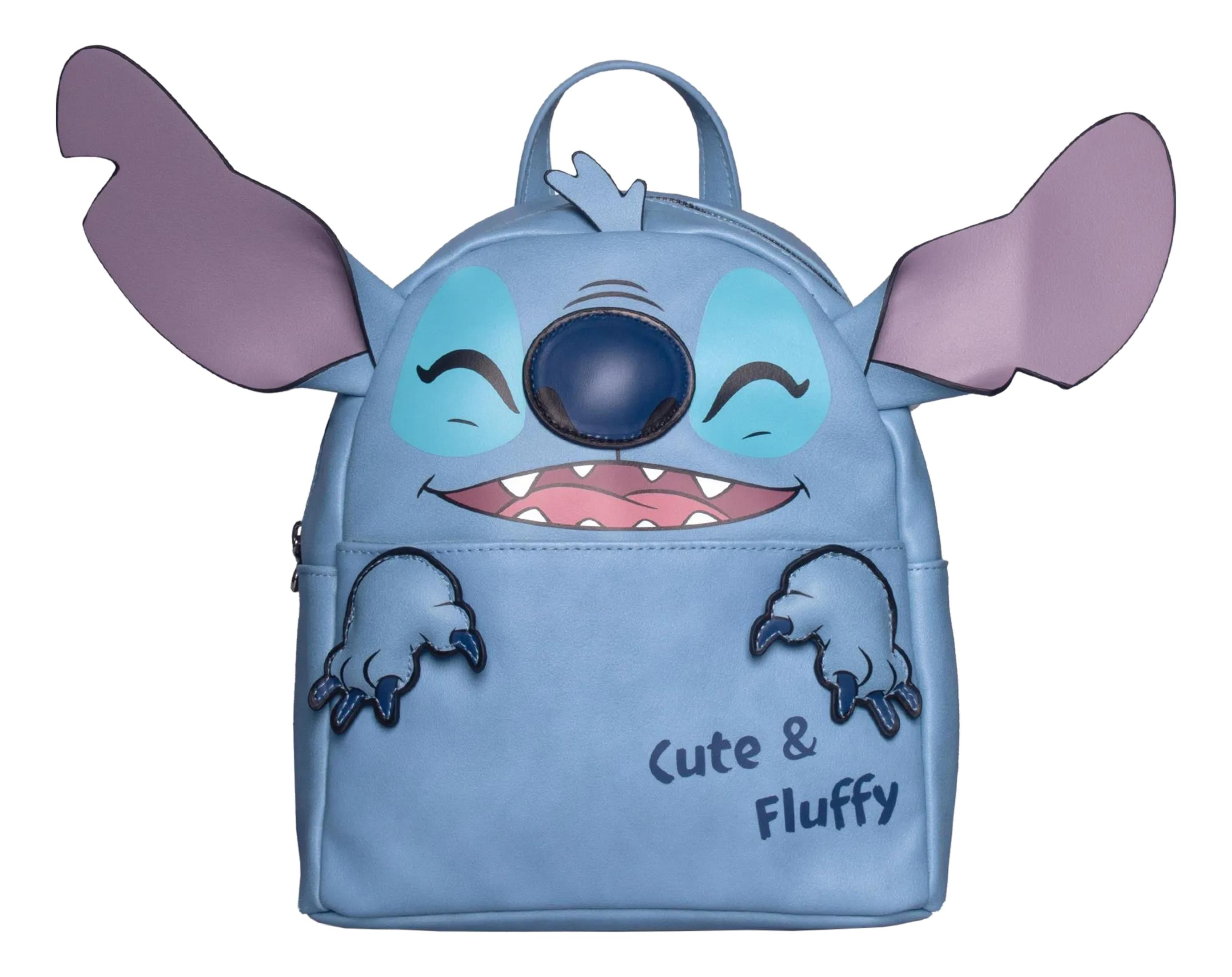 Ein blauer Rucksack mit Stitch-Gesicht, großen Ohren und "Cute & Fluffy" Aufschrift.
