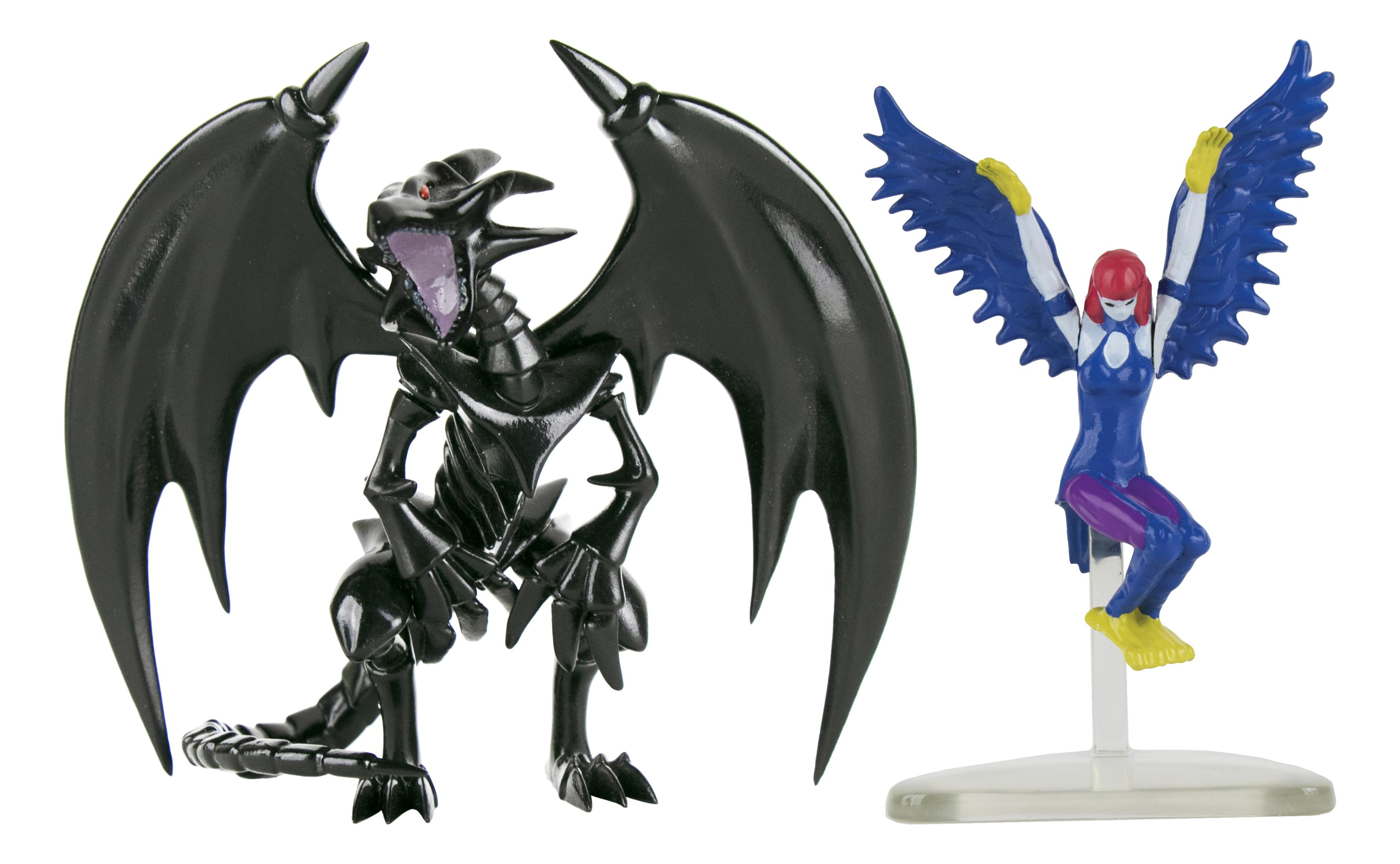 Schwarzer Drache und eine blaue Figur mit Flügeln auf weißem Hintergrund.