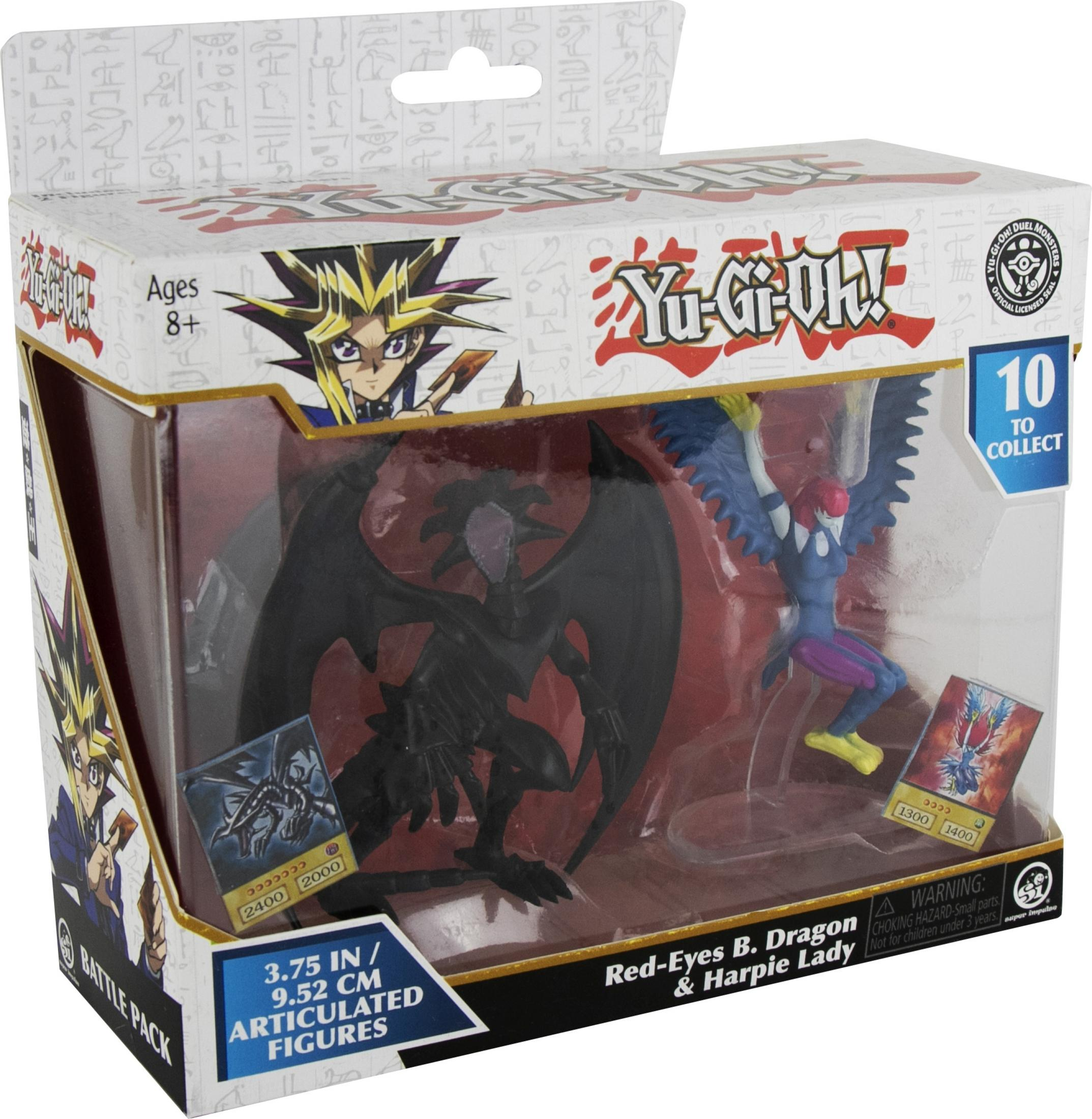 Yu-Gi-Oh! Battle Pack mit Red-Eyes B. Drachen und Harpyien-Lady-Figuren.