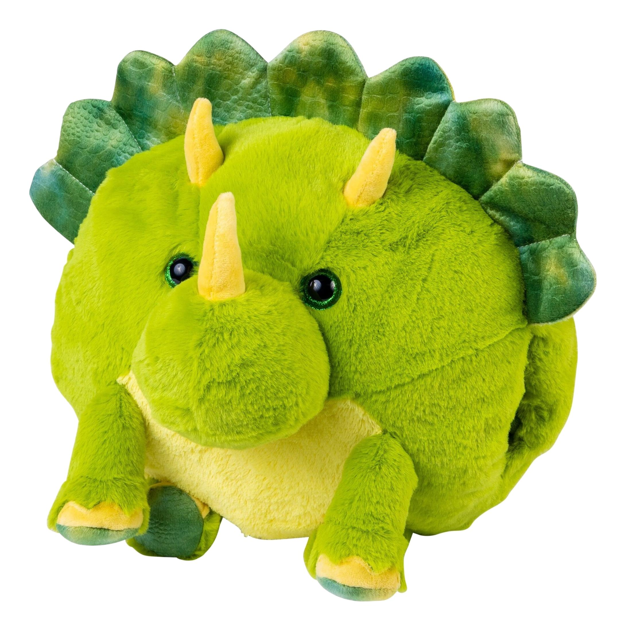 Ein grüner Plüsch-Triceratops mit gelben Hörnern und grüner Nackenplatte.
