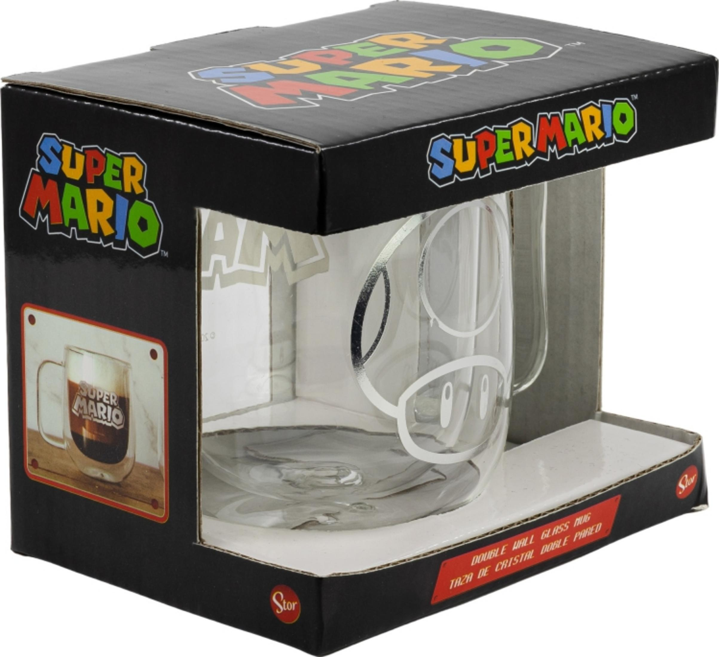 Taza Super Mario champiñón de doble pared en caja negra con imagen.