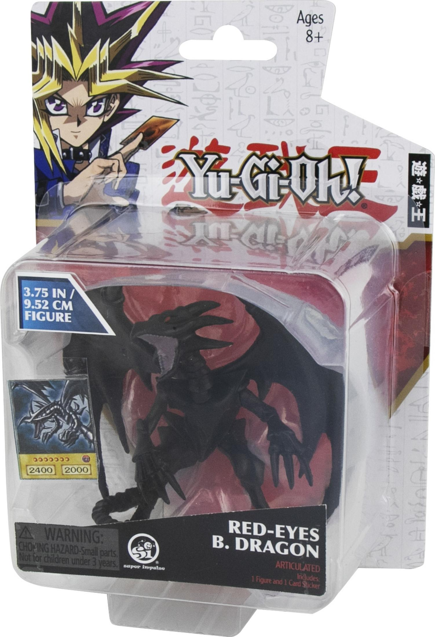 Yu-Gi-Oh! Red-Eyes Black Dragon Actionfigur im Karton, mit Yugi im Hintergrund.