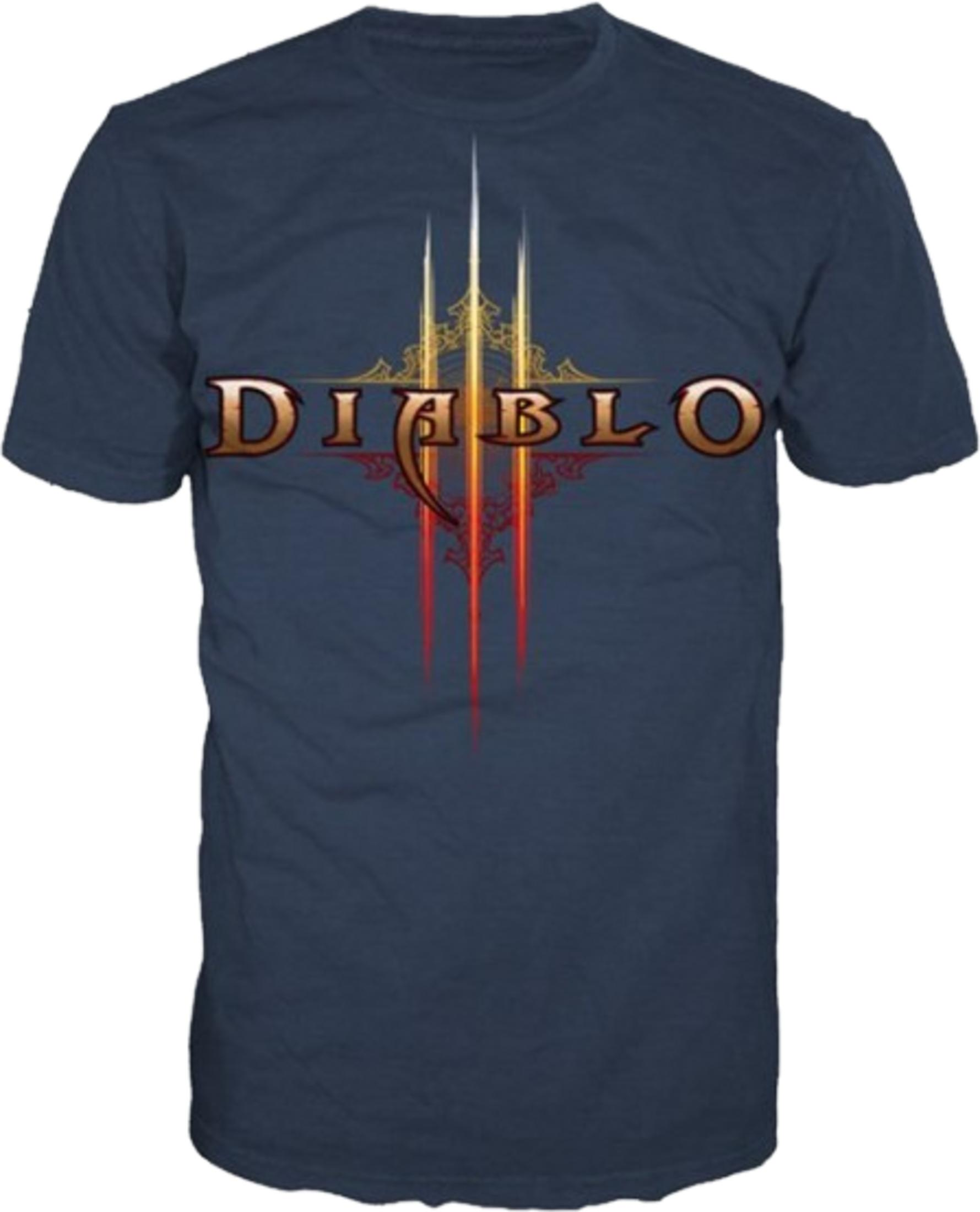 Dunkelblaues T-Shirt mit dem goldenen Diablo-Logo und drei roten Streifen.
