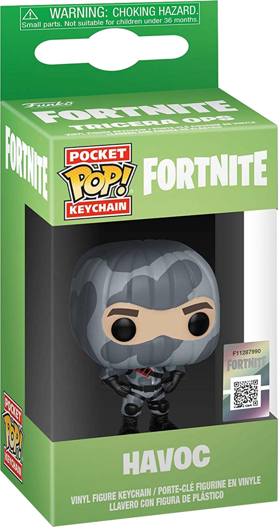 Fortnite Havoc Vinyl-Schlüsselanhänger in grüner Verpackung mit Warnhinweis.