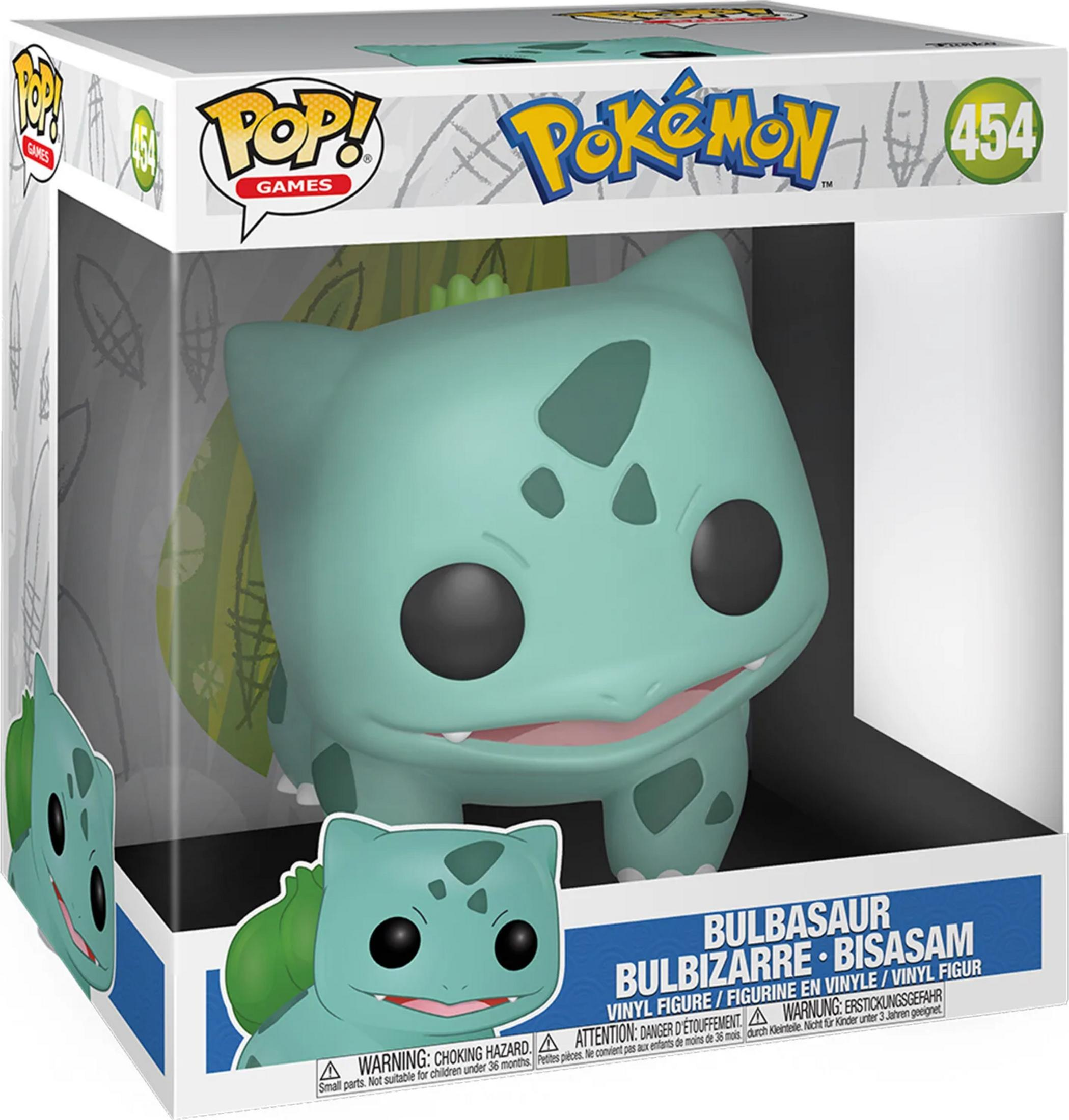 Ein grüner Bulbasaur Funko Pop Vinyl in einer Box, mit Pokémon-Logo.