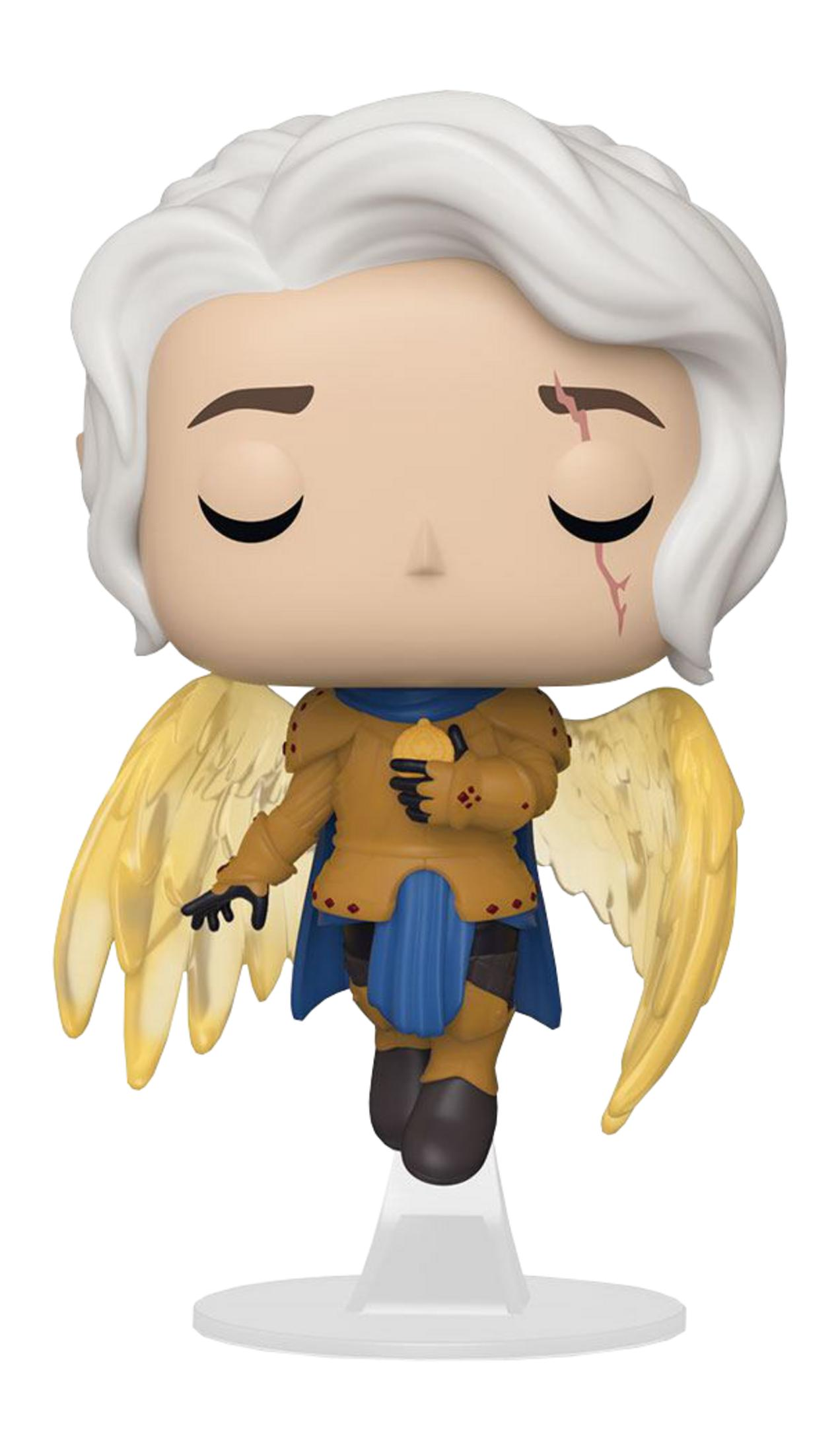 Eine Funko Pop Figur eines Engels mit weißen Haaren, gelben Flügeln und einem goldenen Anzug.