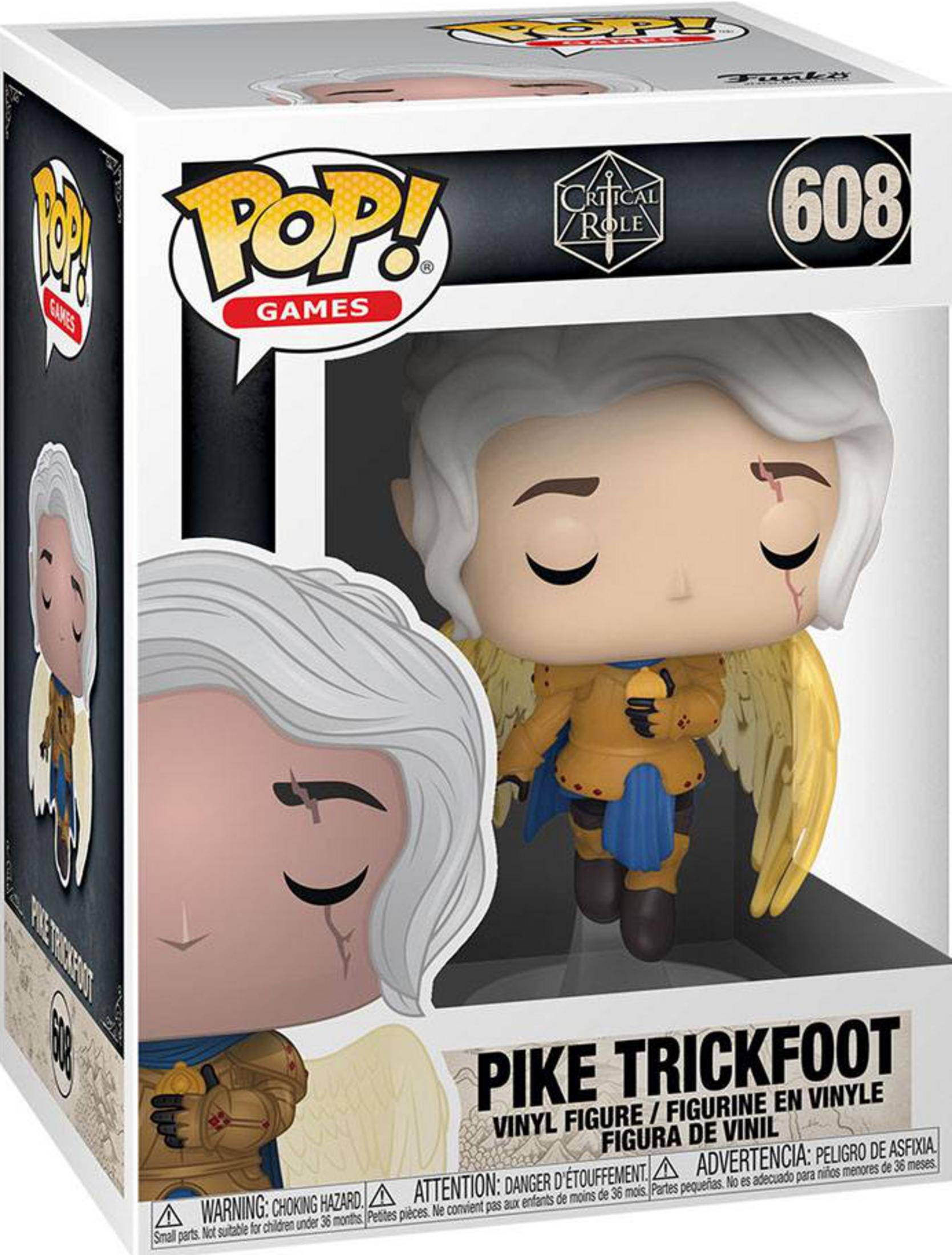 Funko Pop 608 Pike Trickfoot Vinylfigur in Box, mit goldenen Flügeln und blauem Umhang.
