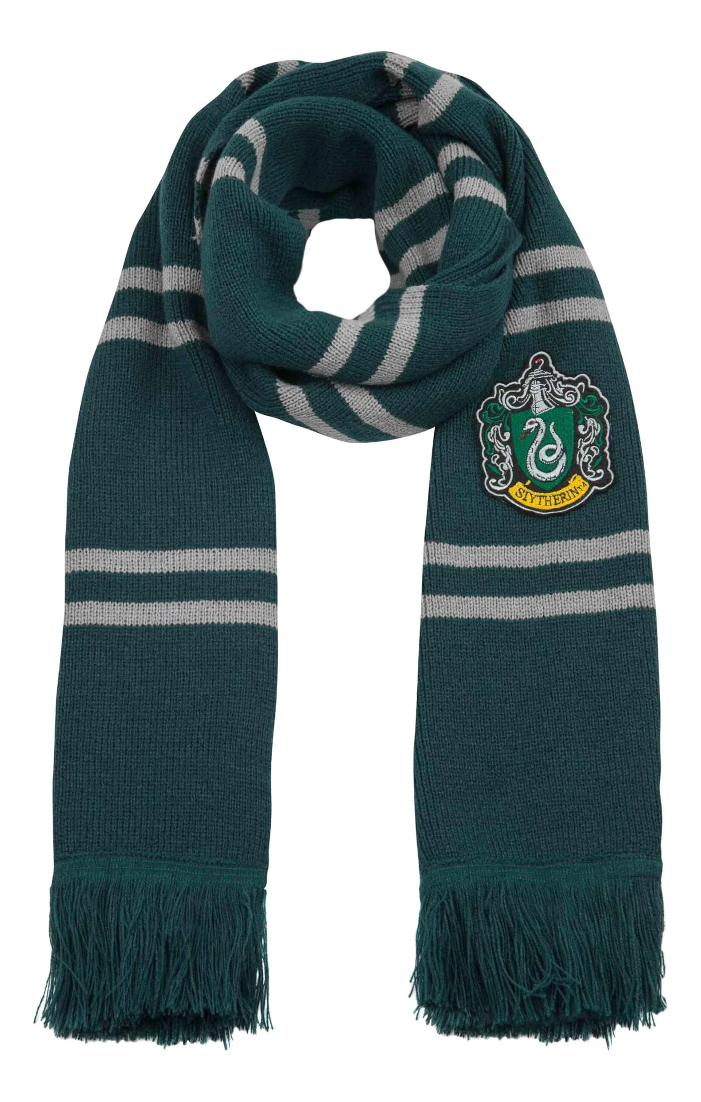 Grüner Schal mit grauen Streifen und Slytherin-Wappen.