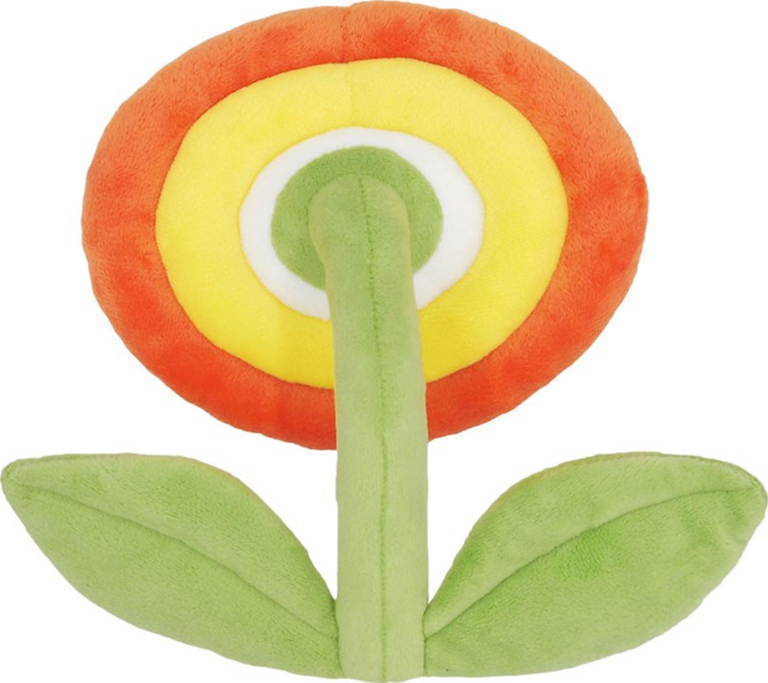Un peluche de flor con pétalos naranjas, amarillos y blancos, y tallo y hojas verdes.