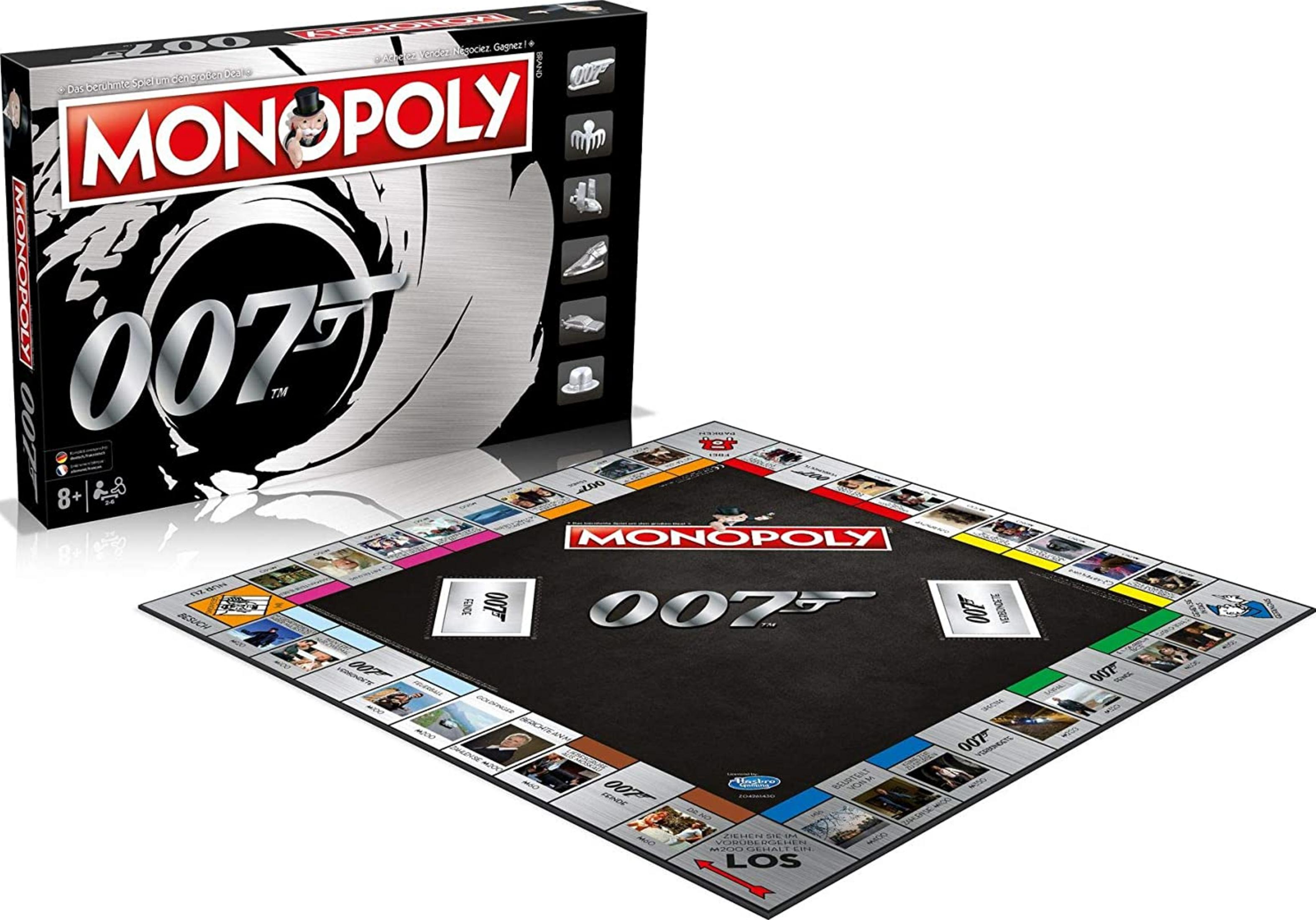Monopoly 007 James Bond Edition Brettspiel und Verpackung mit Spielbrett und Schachtel.