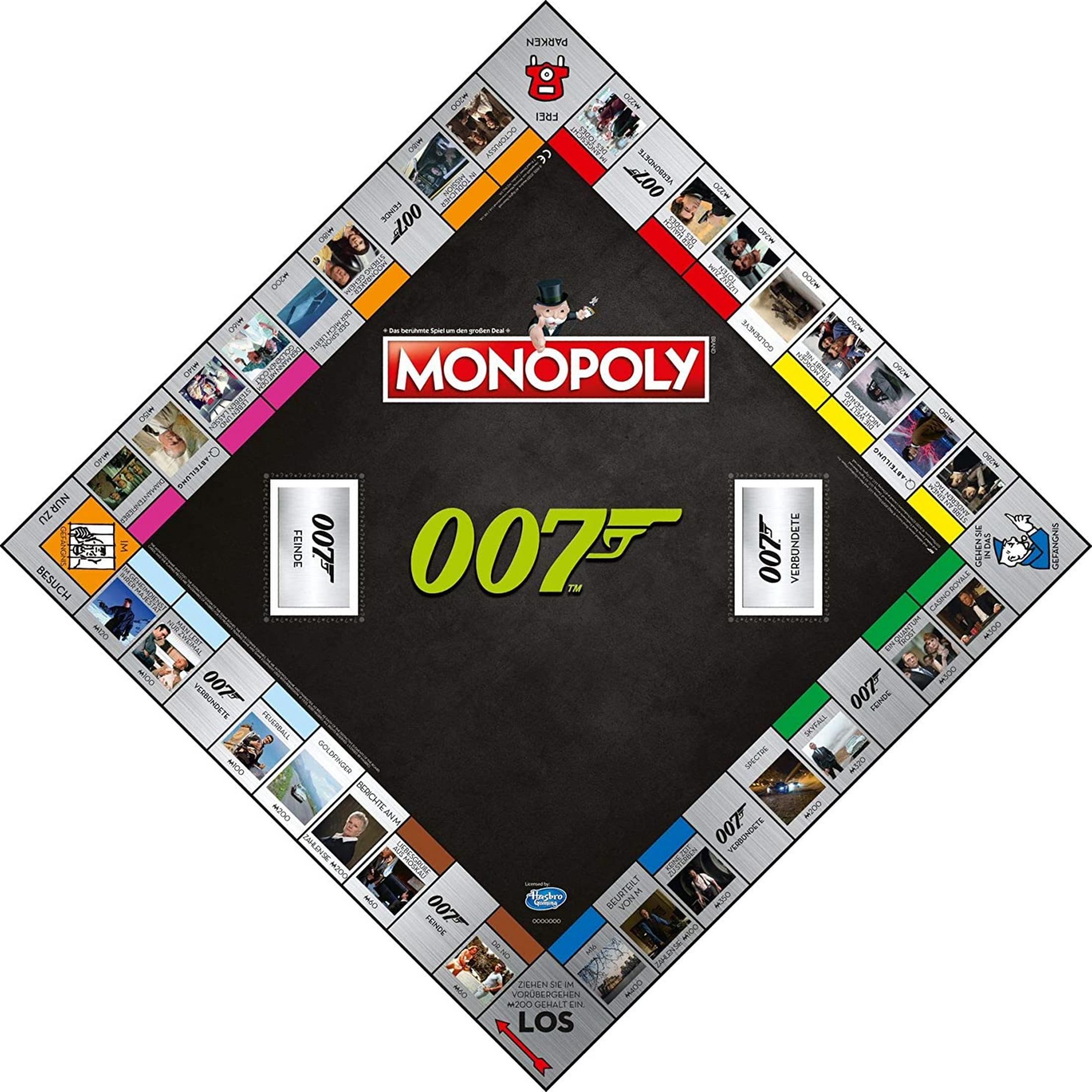 James Bond Monopoly Spielbrett mit 007-Thema, Geldwerten und Filmbildern.