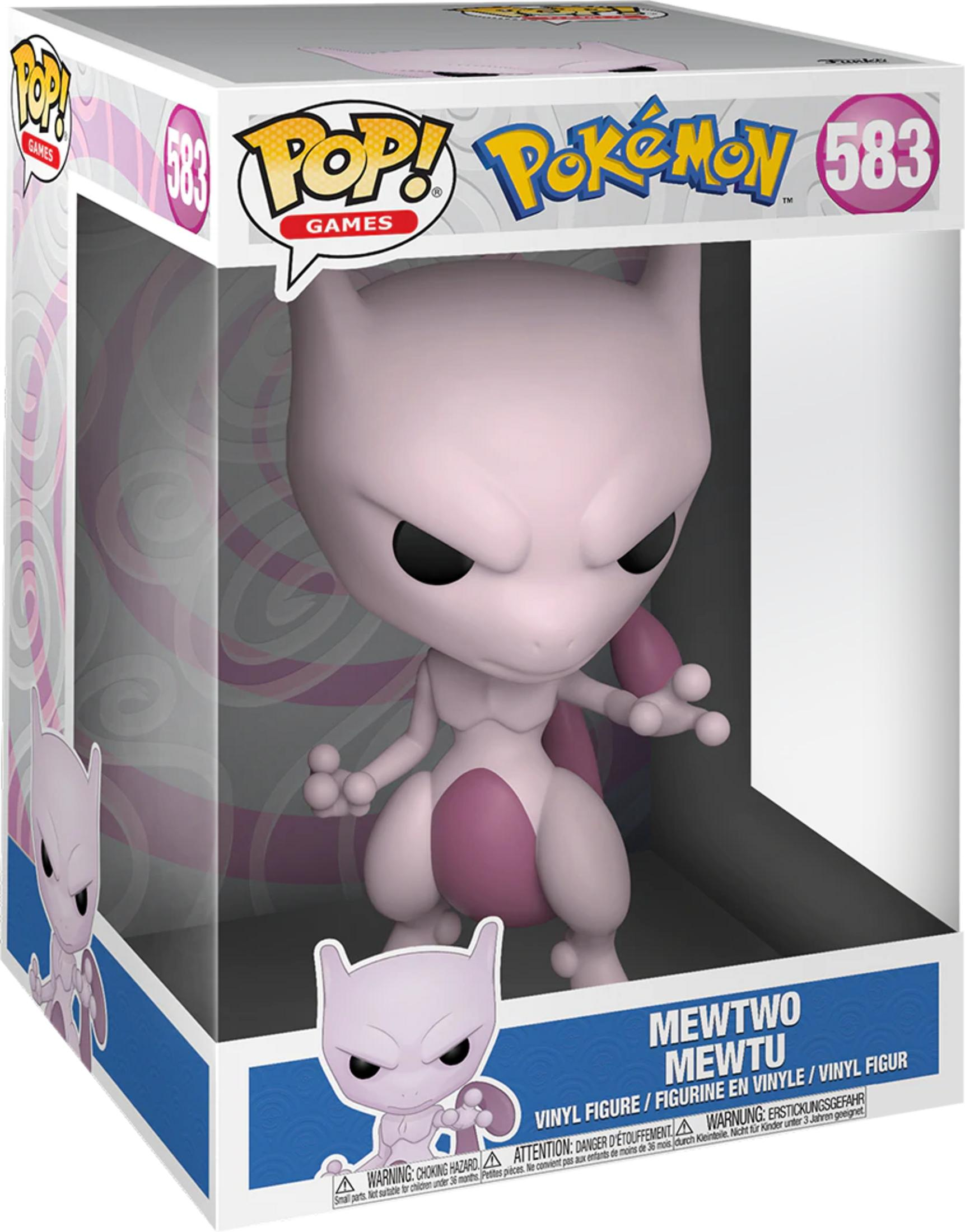 Eine lilafarbene Mewtwo Funko Pop Figur in einer Box mit Pokémon-Logo.