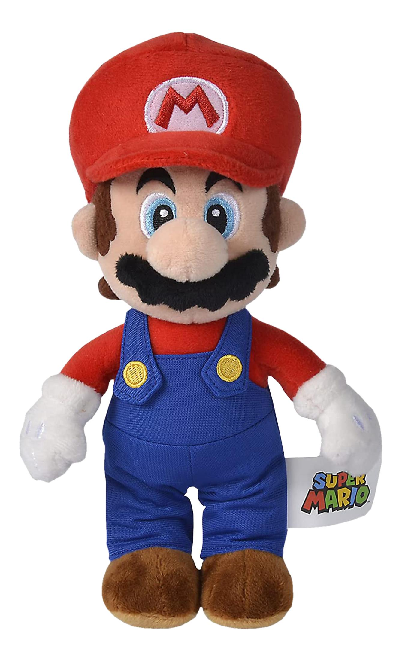 Plüschfigur von Mario mit roter Mütze, blauer Latzhose und weißem Hemd.
