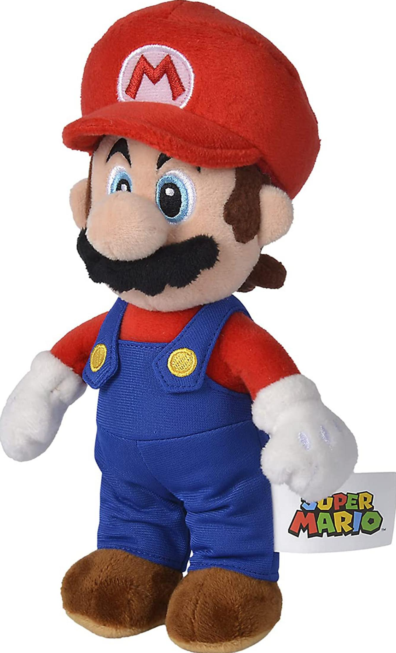 Plüschfigur von Mario in blauer Latzhose und rotem Hemd mit Mütze.