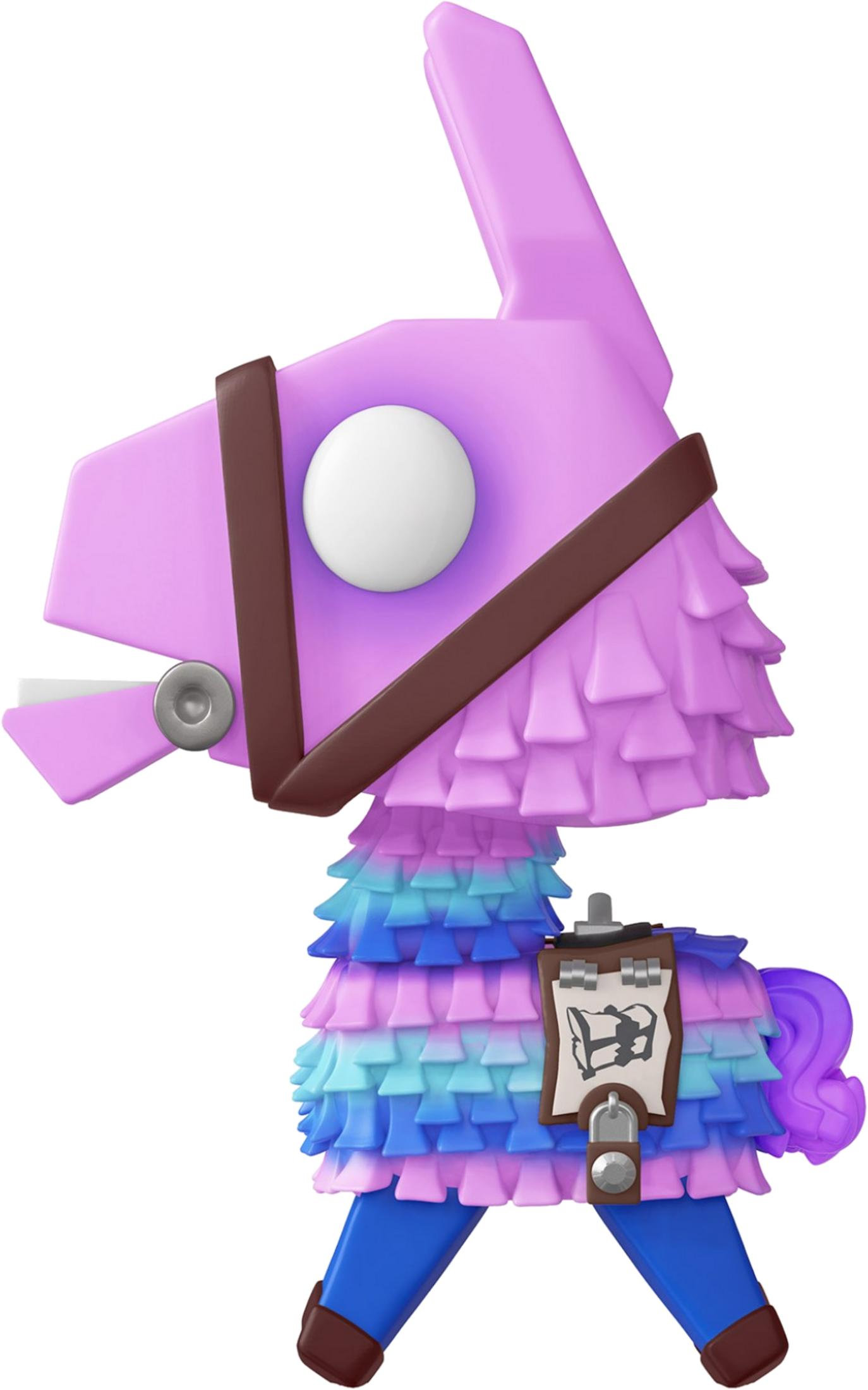 Una figura di lama viola con cinghie marroni, frange multicolori e gambe blu.