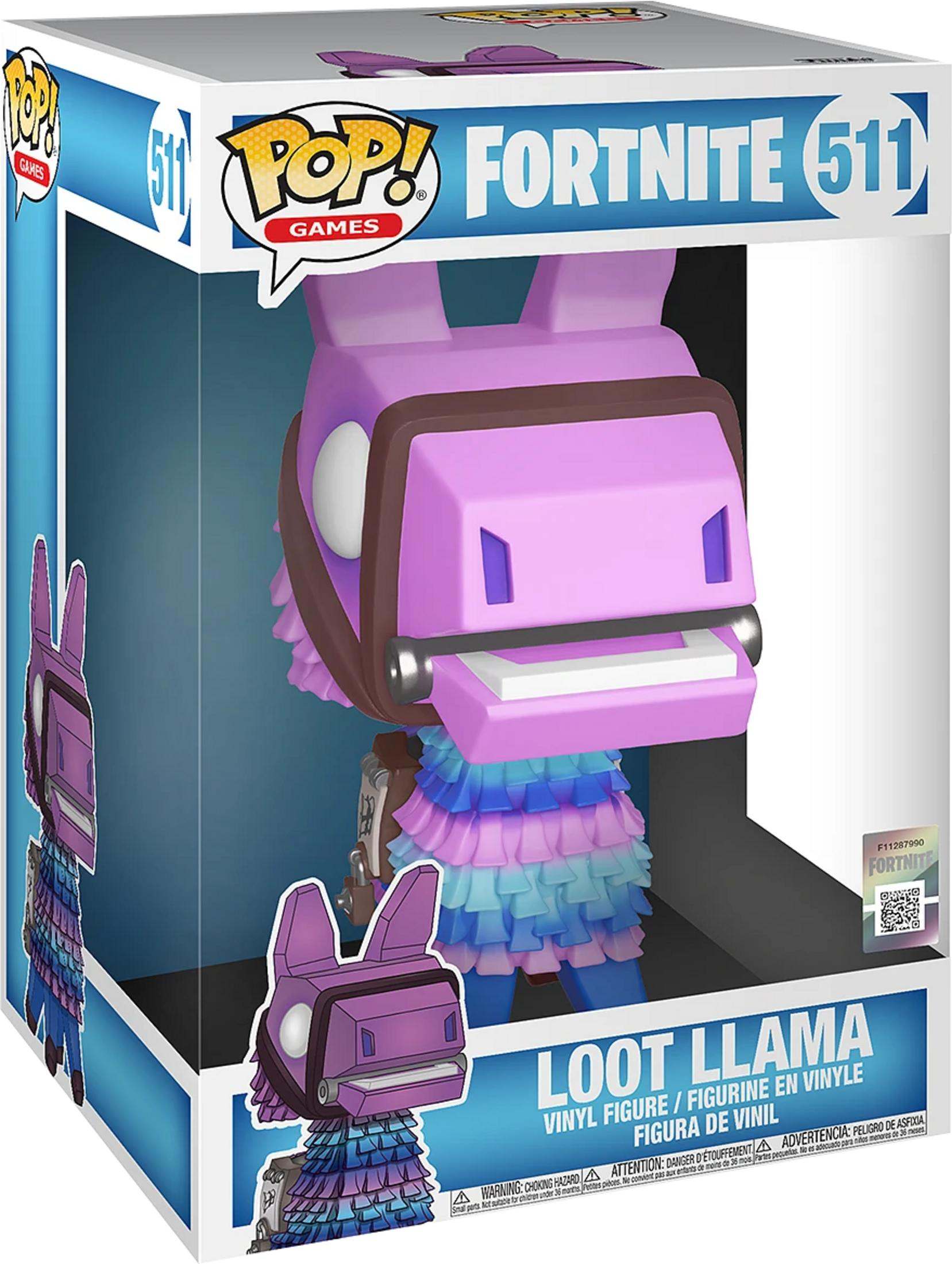 Statua in vinile viola Loot Llama di Fortnite in una scatola.