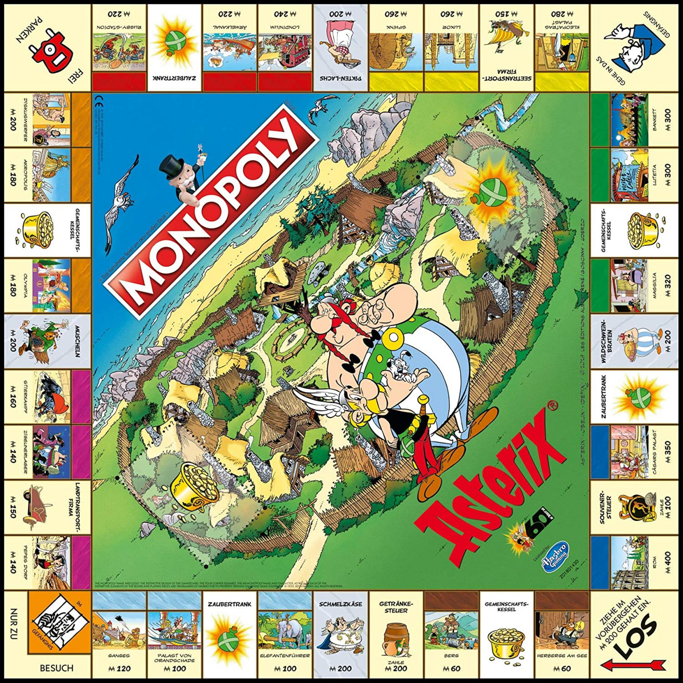 Asterix & Obelix Monopoly Spielbrett mit Charakteren und Feldern.