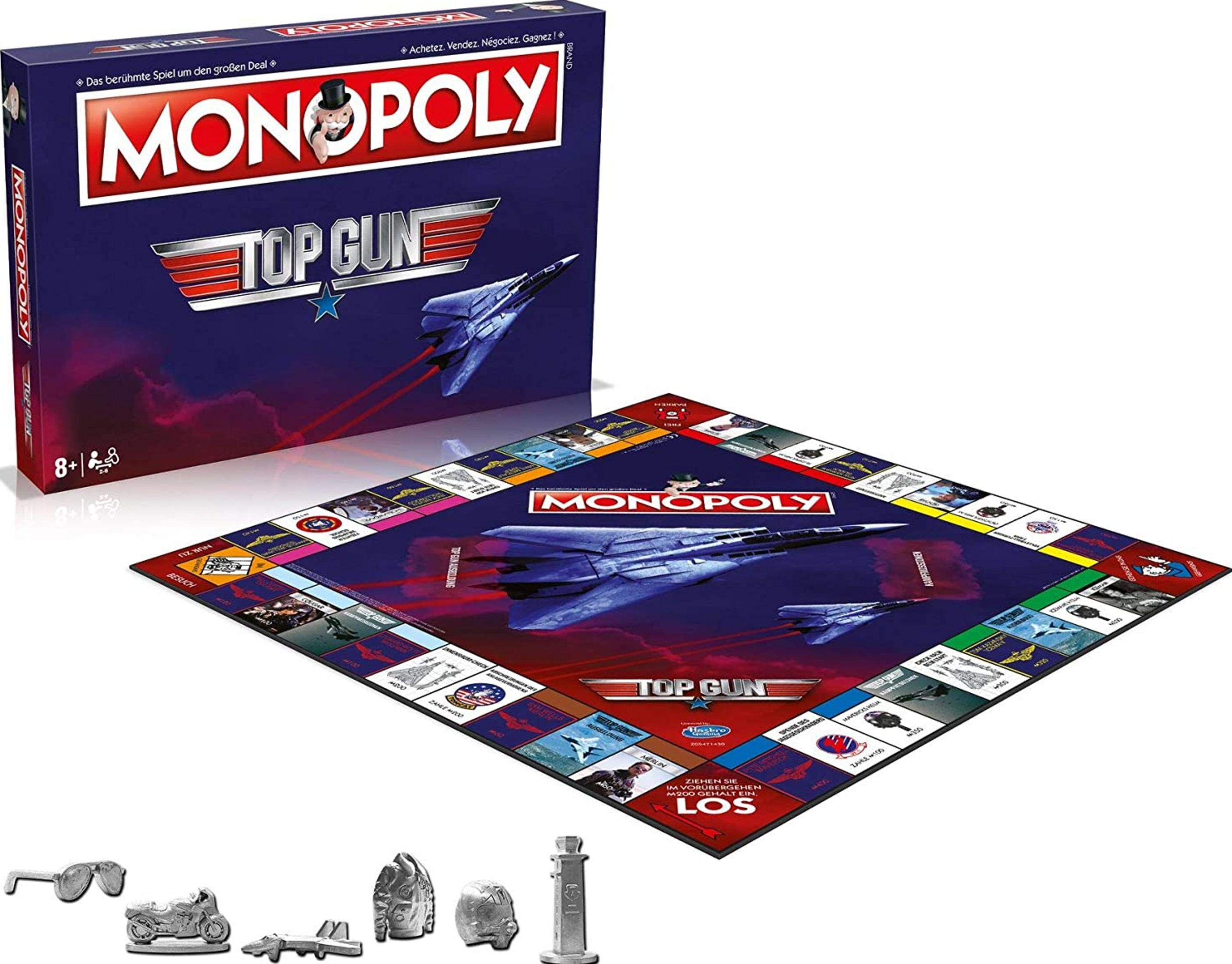 Monopoly Top Gun Brettspiel mit Flugzeug-Motiven und Spielfiguren.