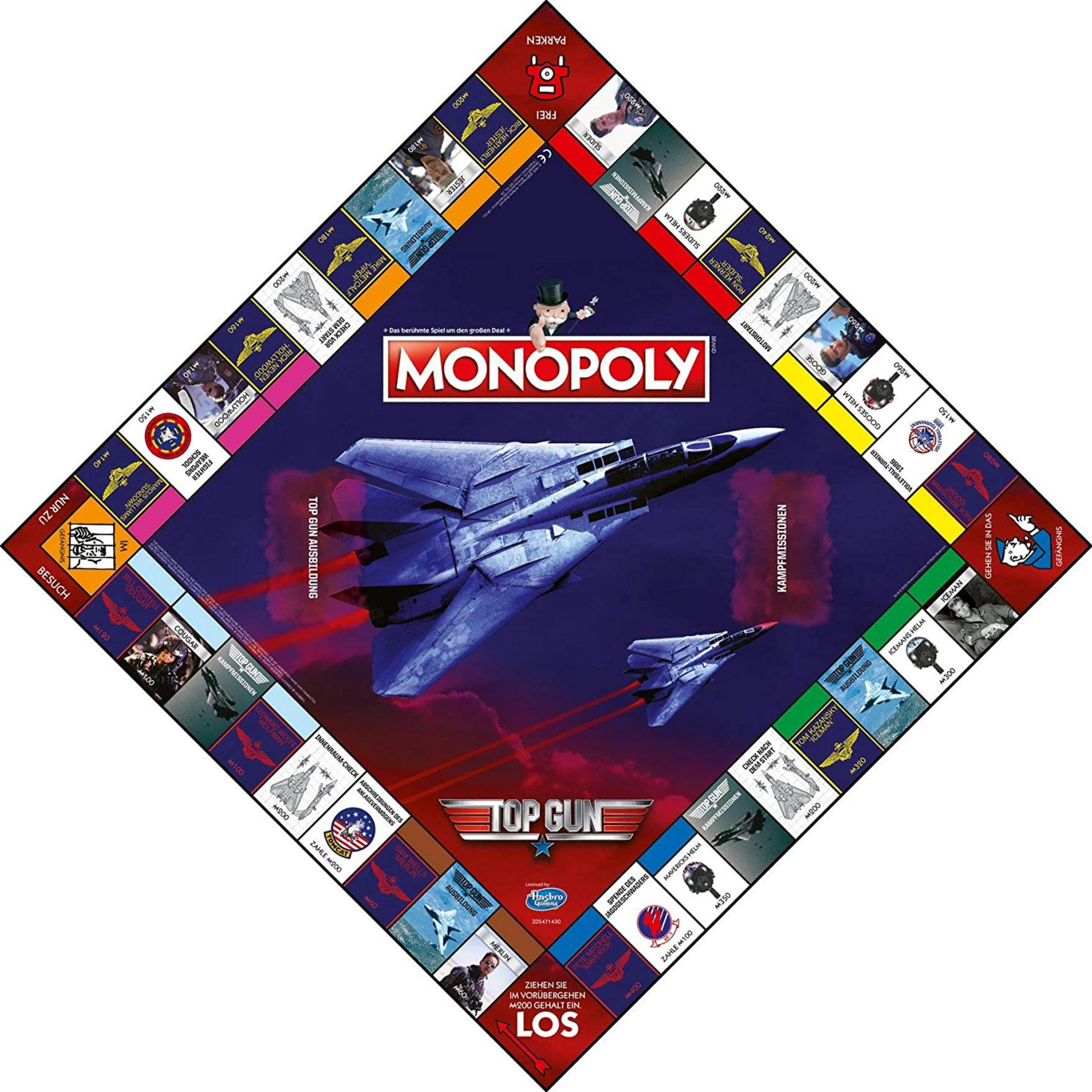 Top Gun Monopoly Brettspiel mit Flugzeug-Motiven und Charakteren.