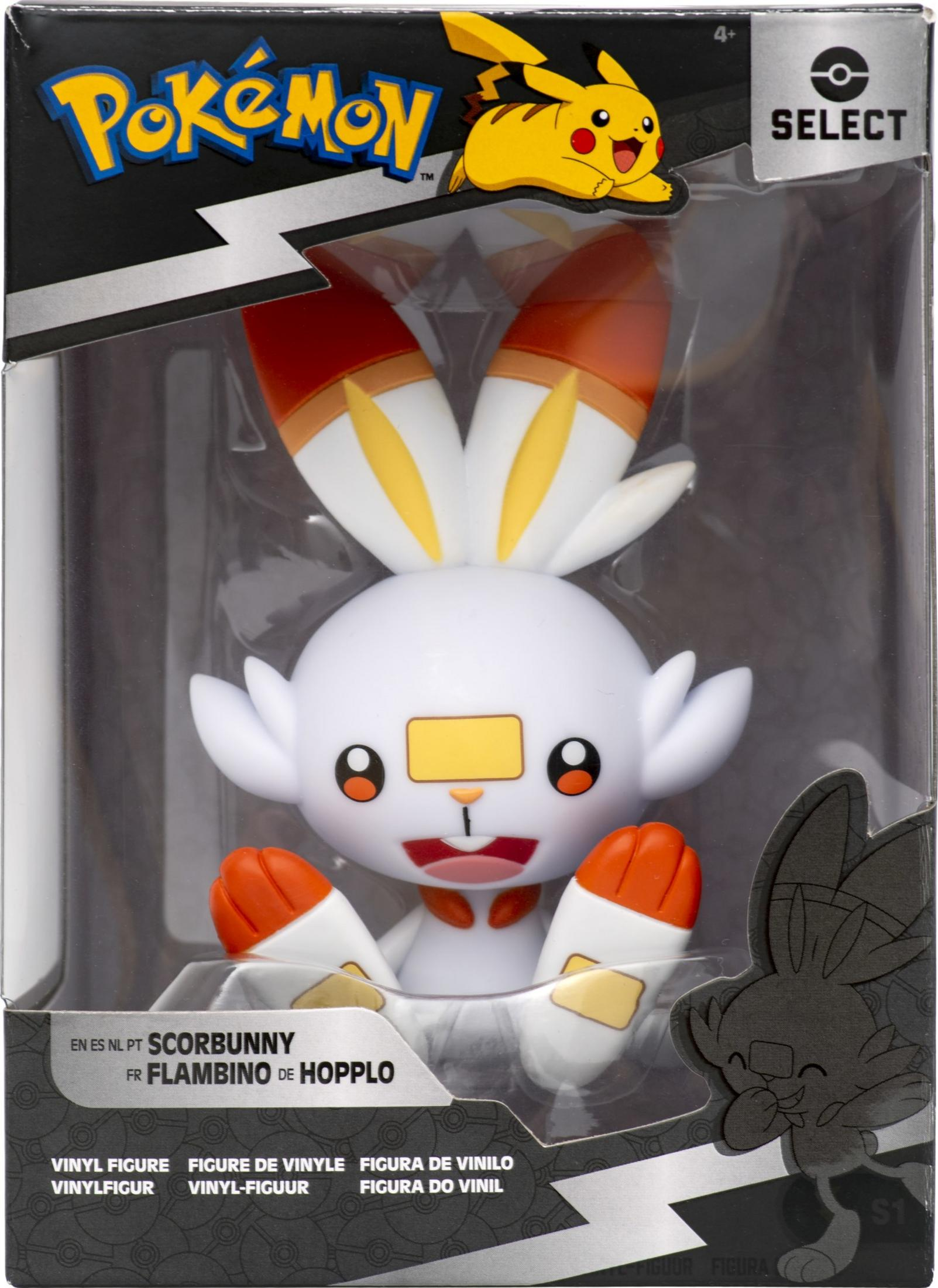Eine weiße Pokémon-Figur namens Scorbunny sitzt in einer Verpackung. Sie hat orangefarbene Ohrenspitzen.