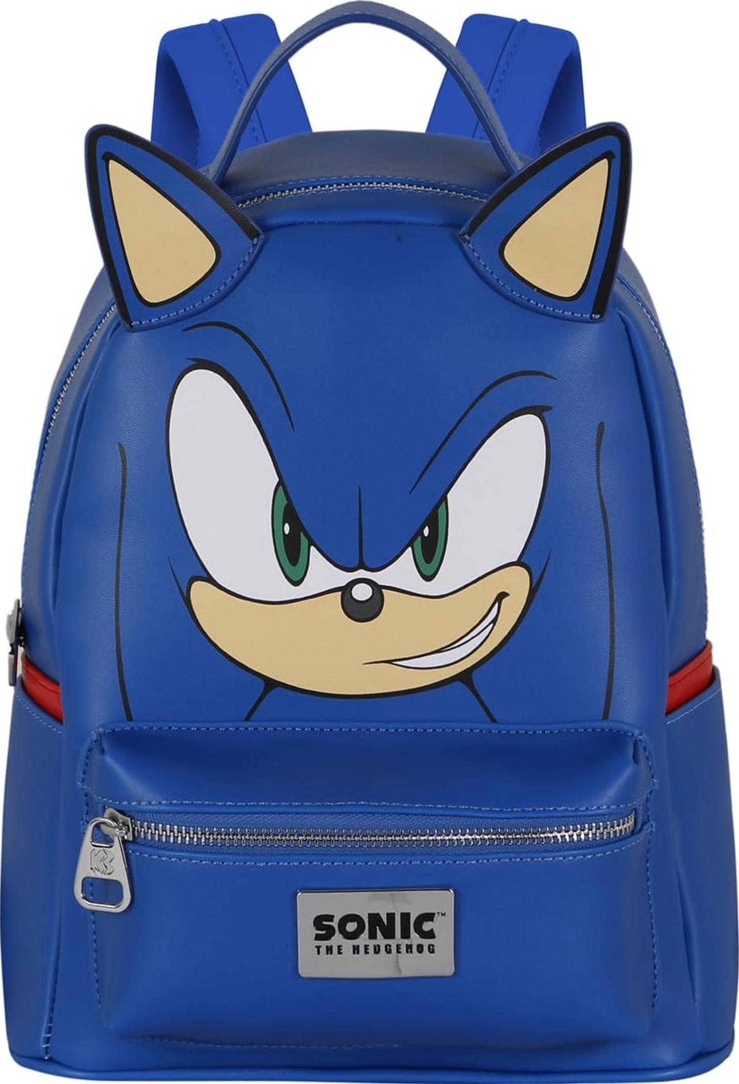 Mochila azul con diseño de Sonic el Erizo, orejas y bolsillo con cremallera.
