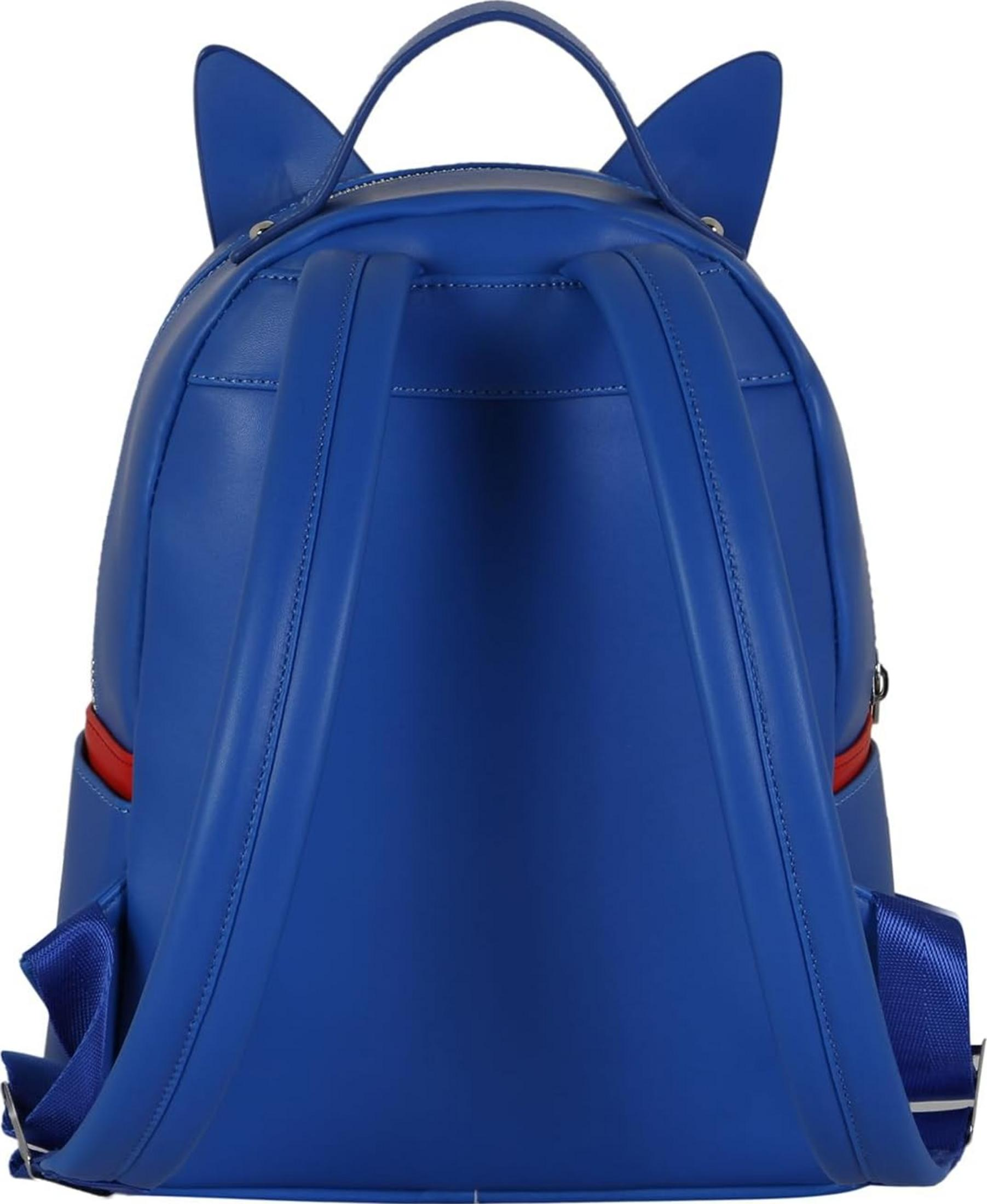 Mochila azul con orejas de gato, detalles rojos y correas ajustables.