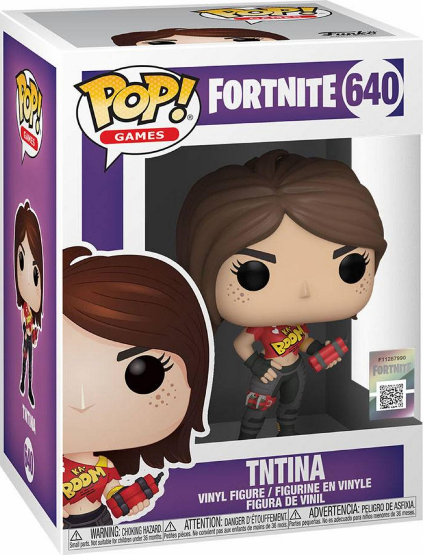 Fortnite Pop! Vinyl-Figur von "TNTina" mit Bomben, verpackt in einer lila und weißen Box.
