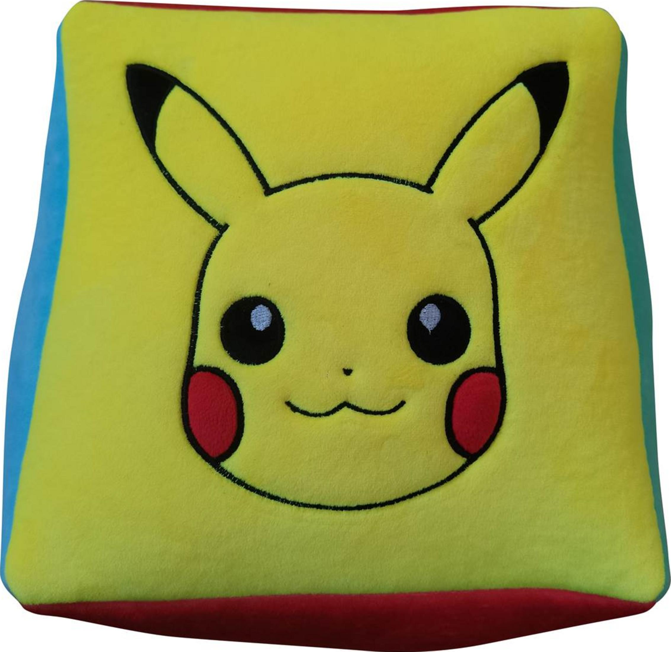 Ein gelbes Kissen mit Pikachus Gesicht, roten Wangen und blauen Seiten.