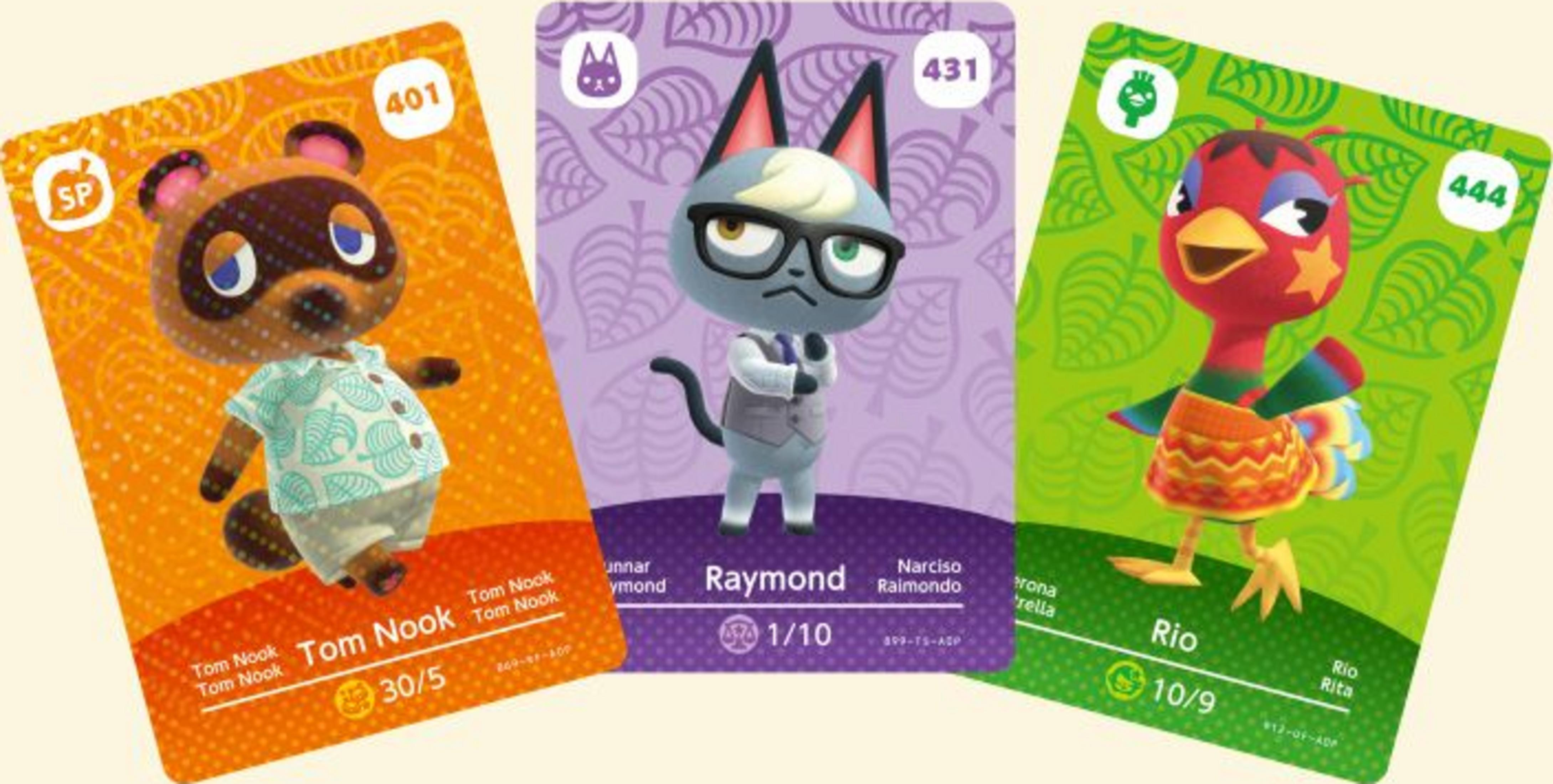 Drei Karten: Tom Nook (orange), Raymond (lila) und Rio (grün).