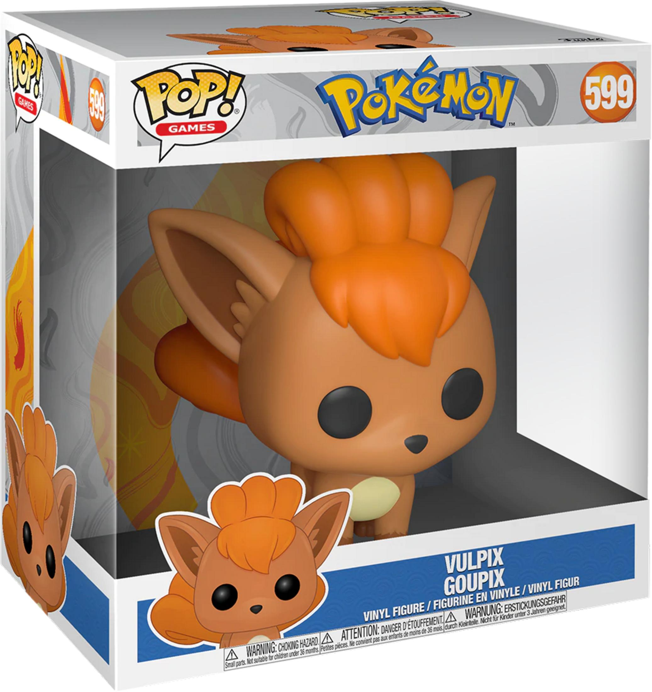 Ein orangefarbener Vulpix-Pop!-Vinyl-Sammlerfigur im Karton.