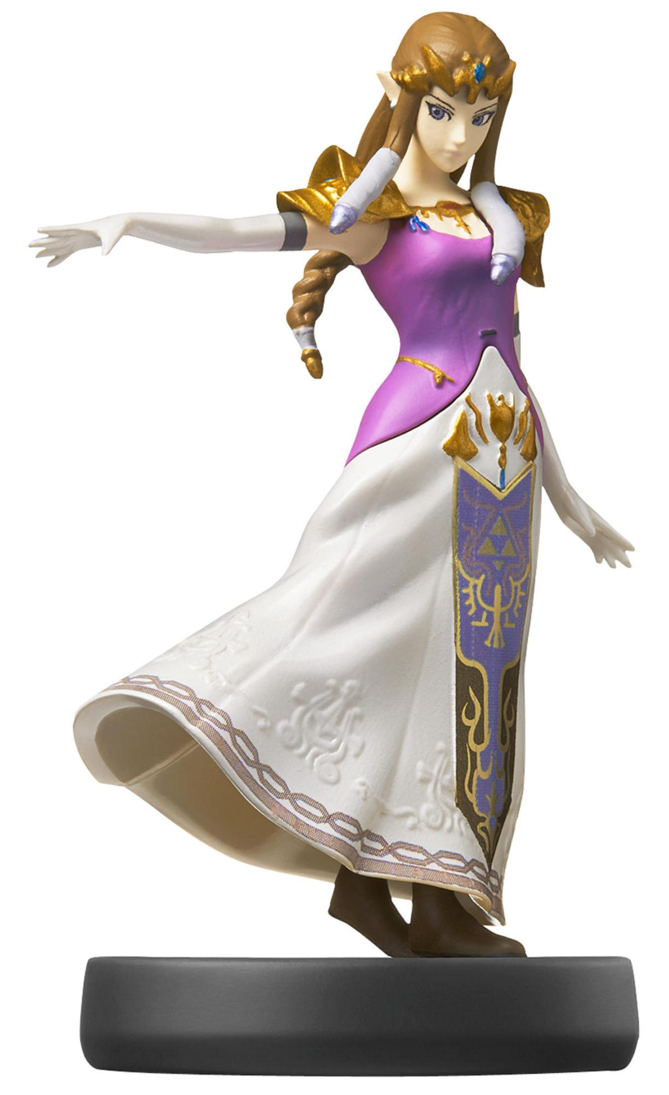 Zelda-Figur in lila Kleid und weißem Rock, goldene Akzente, auf dunkler Basis.