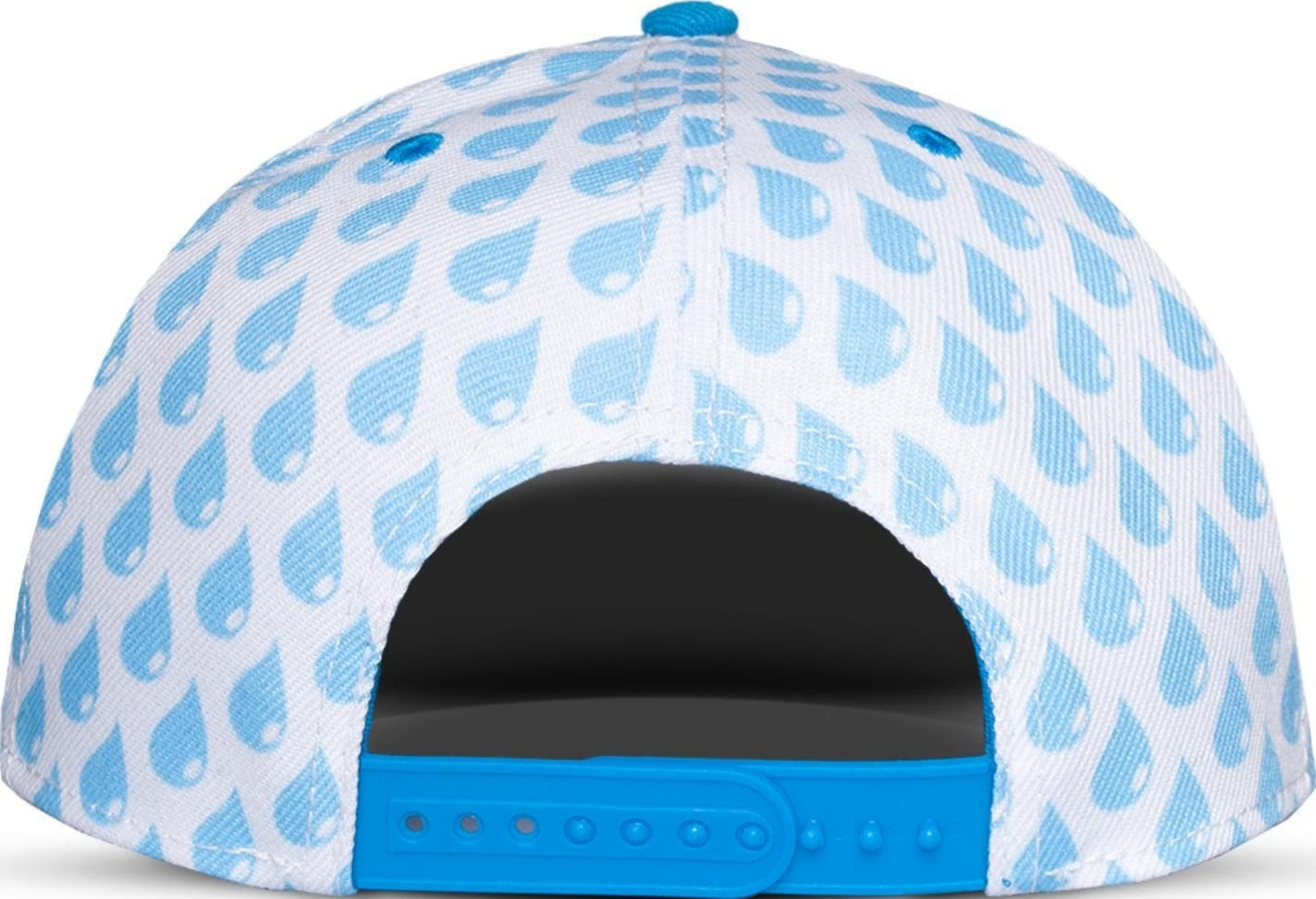 Une casquette blanche à motif de gouttes de pluie bleues et fermeture snapback bleue.