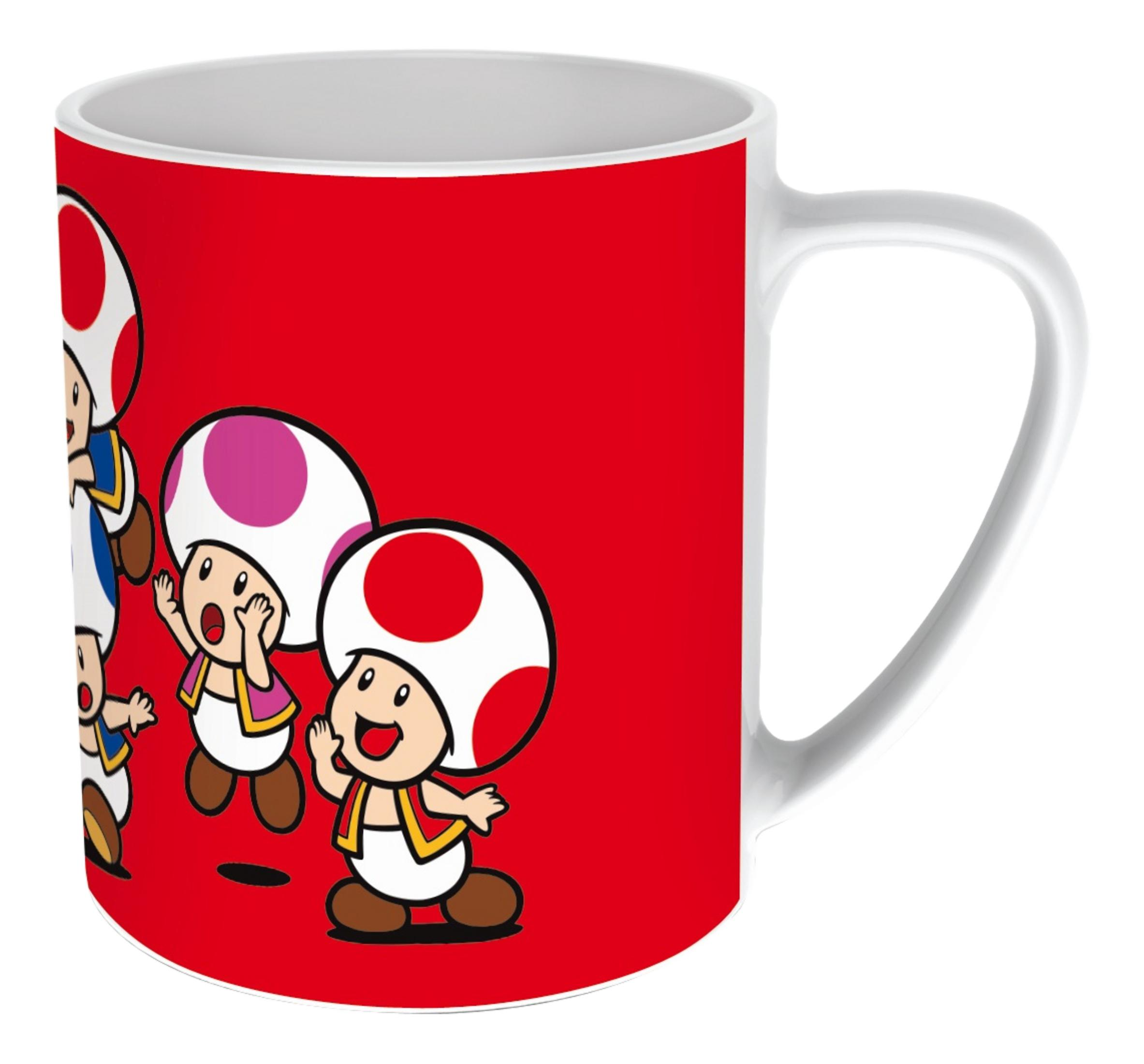 Eine rote Tasse mit mehreren Toads aus Super Mario, die auf dem roten Hintergrund fröhlich winken.