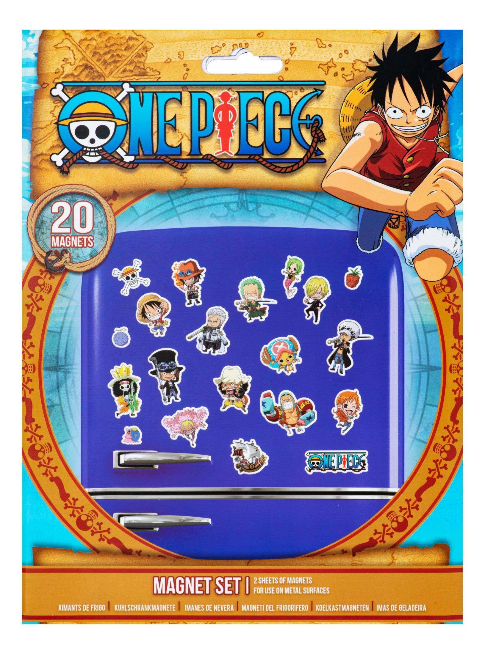 Verpackung mit 20 One Piece Magneten auf einem blauen Kühlschrank-Design.
