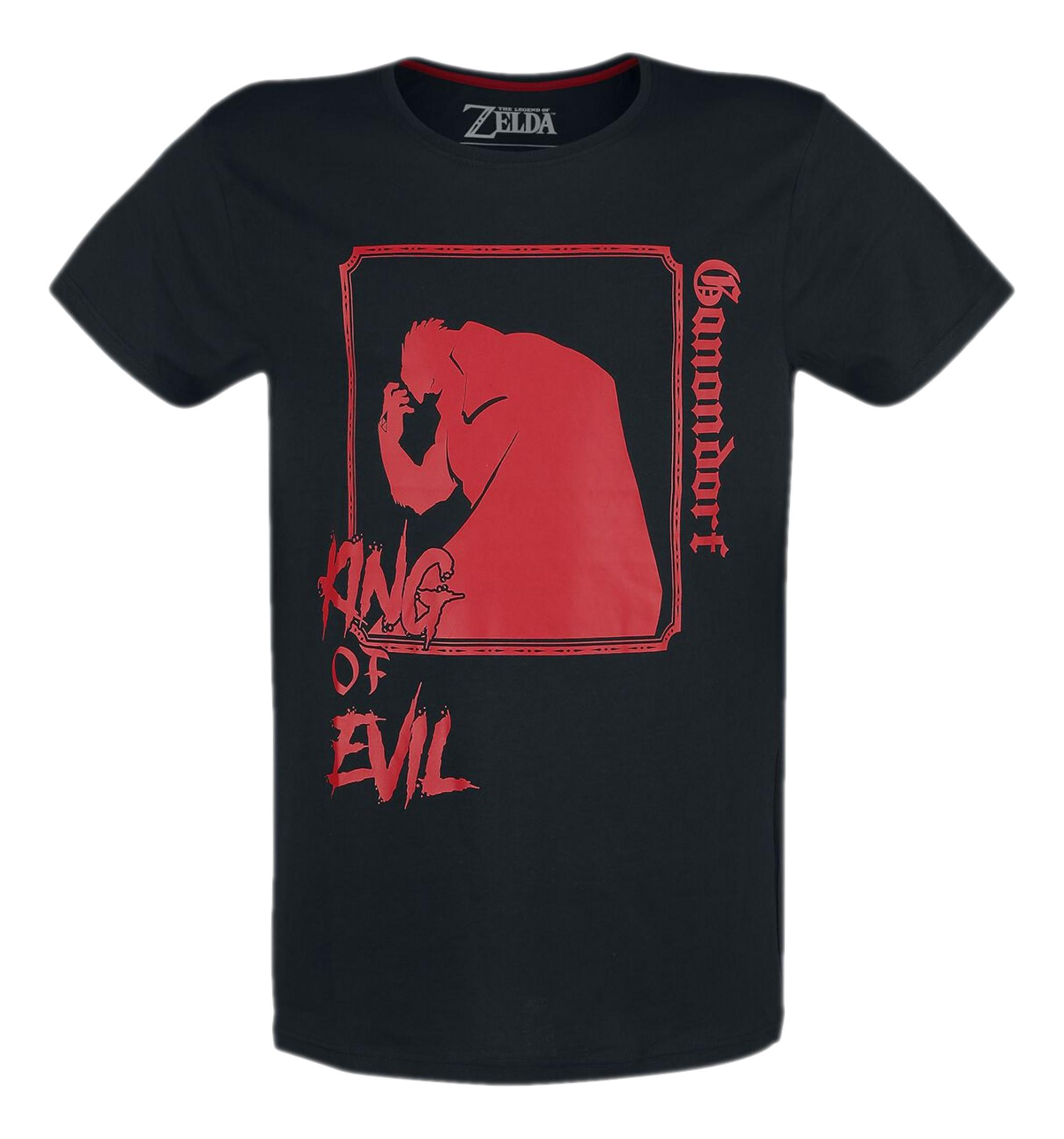 Schwarzes T-Shirt mit rotem Aufdruck von Ganondorf, König des Bösen.