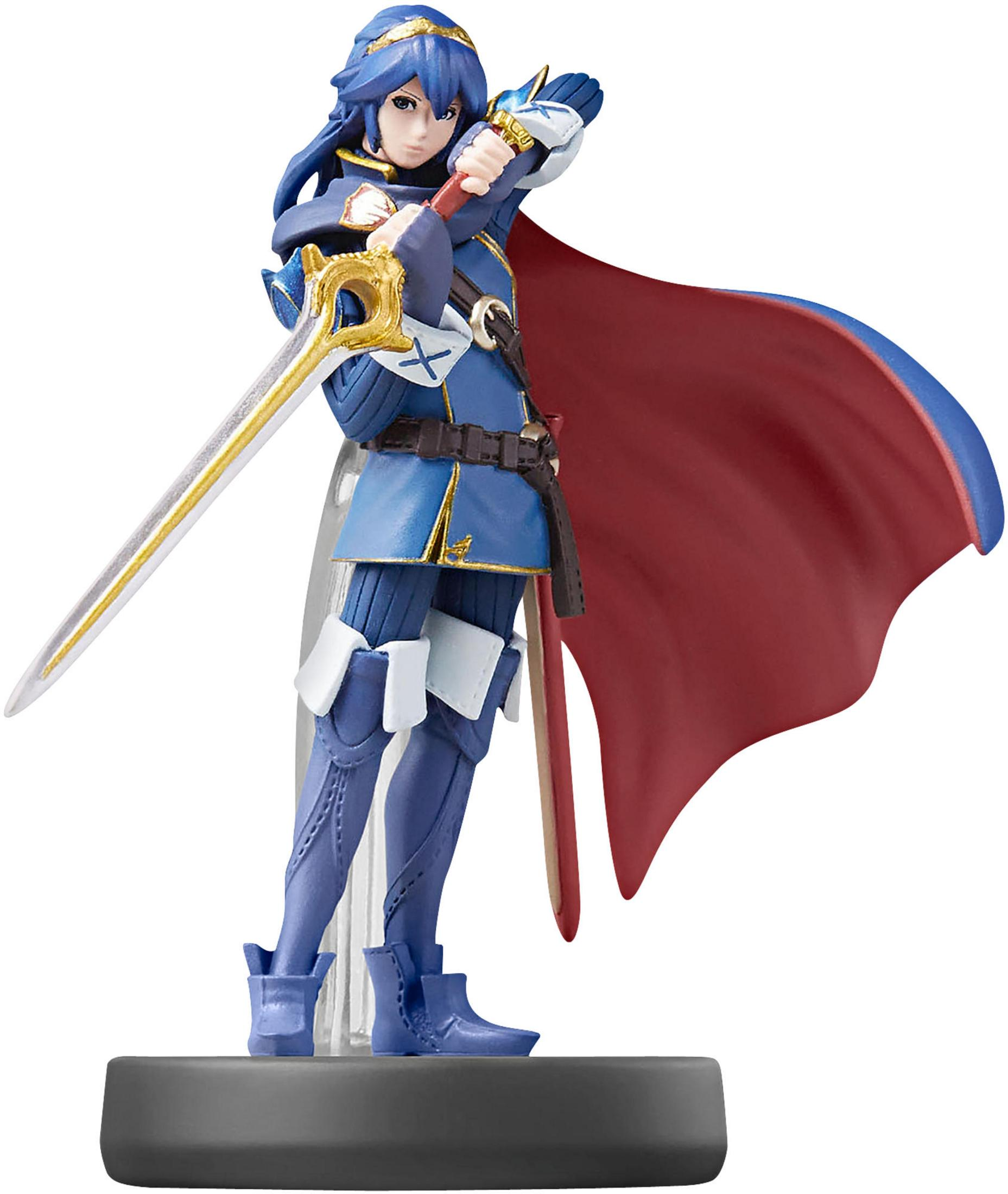 Figur einer Kriegerin in blauer Rüstung mit rotem Umhang und Schwert.