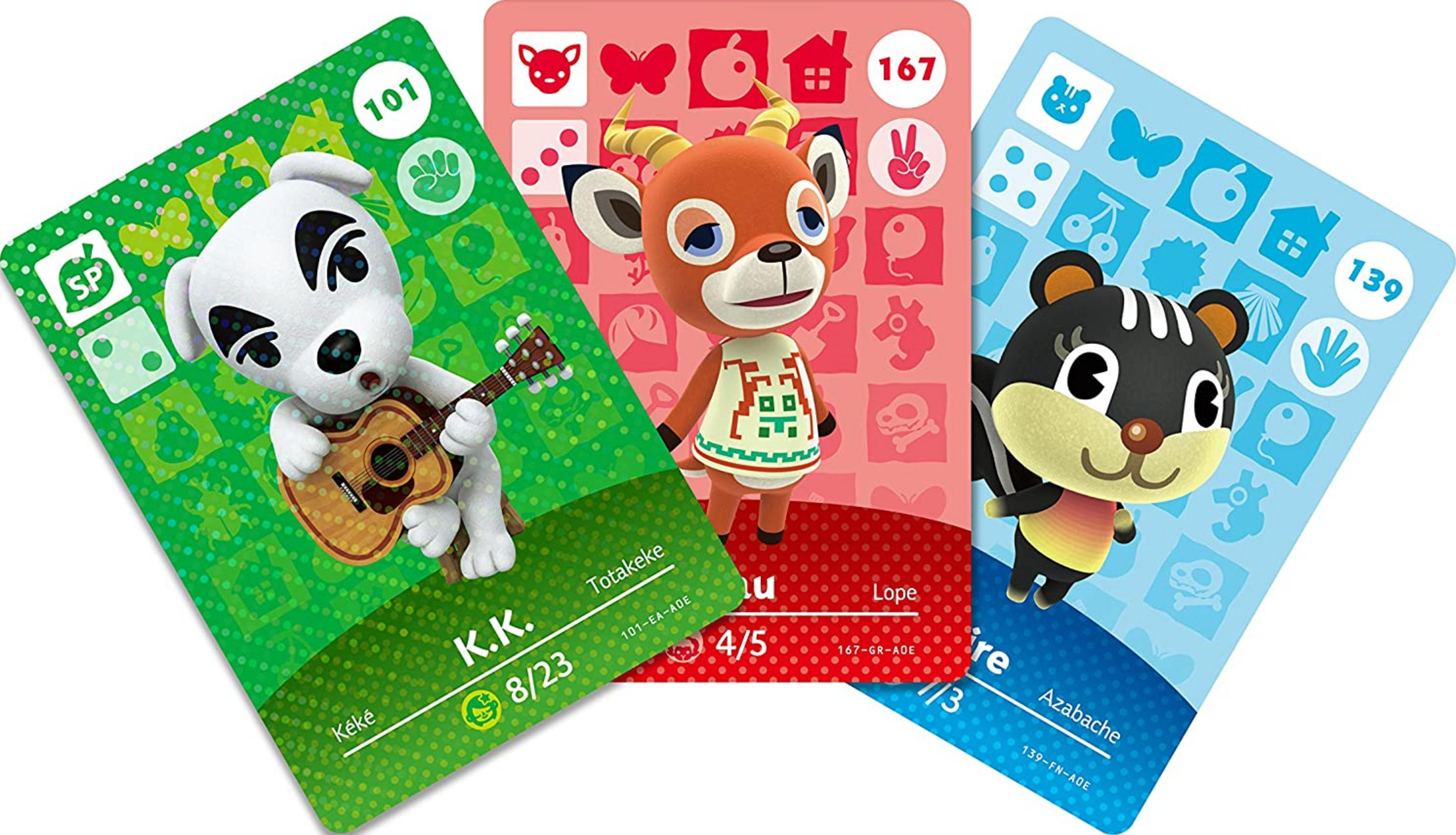 Drei Karten zeigen Charaktere aus Animal Crossing: K.K. spielt Gitarre, ein Reh und ein Bär.