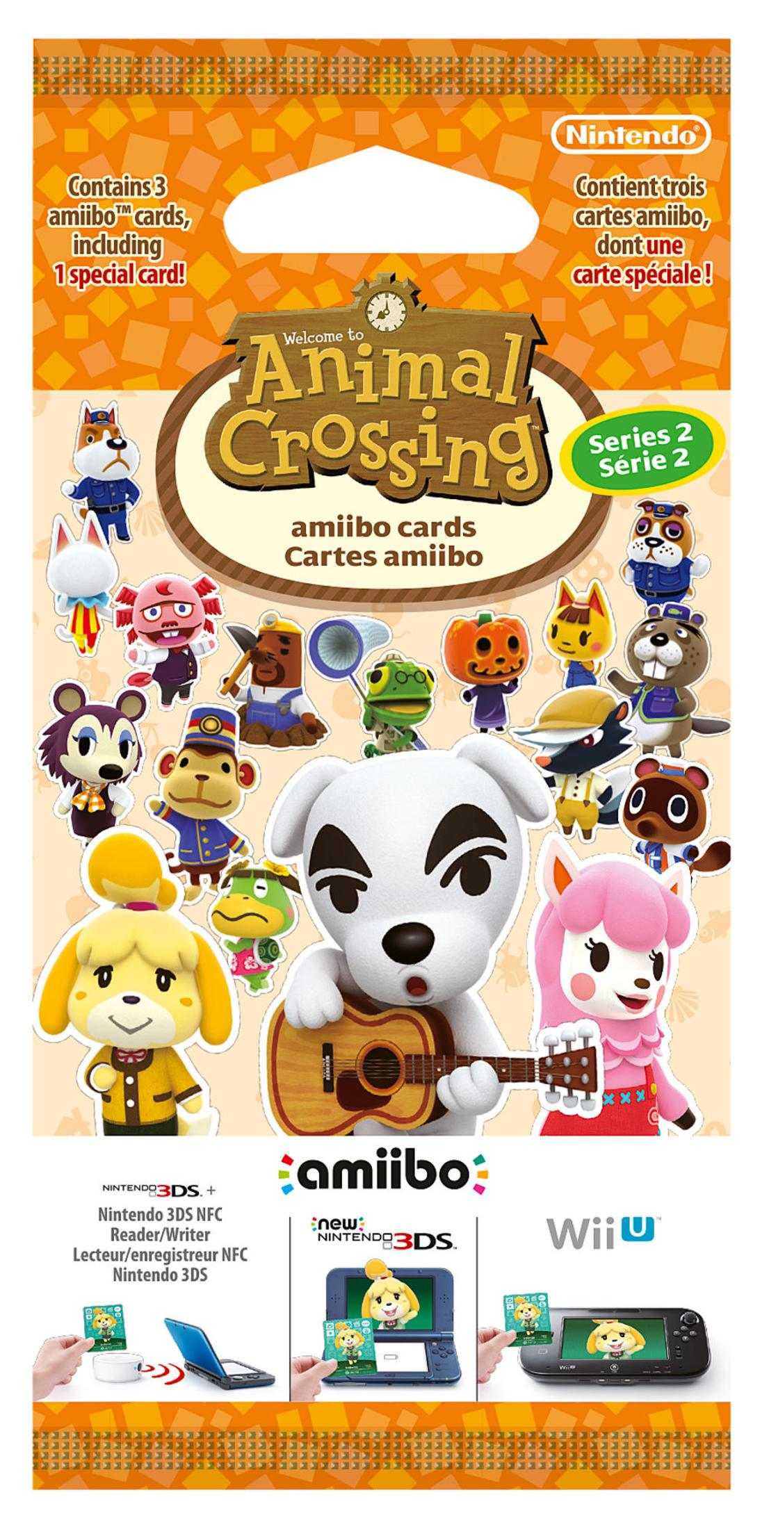 Verpackung mit Animal Crossing Amiibo-Karten, Charakteren und Nintendo-Geräten.
