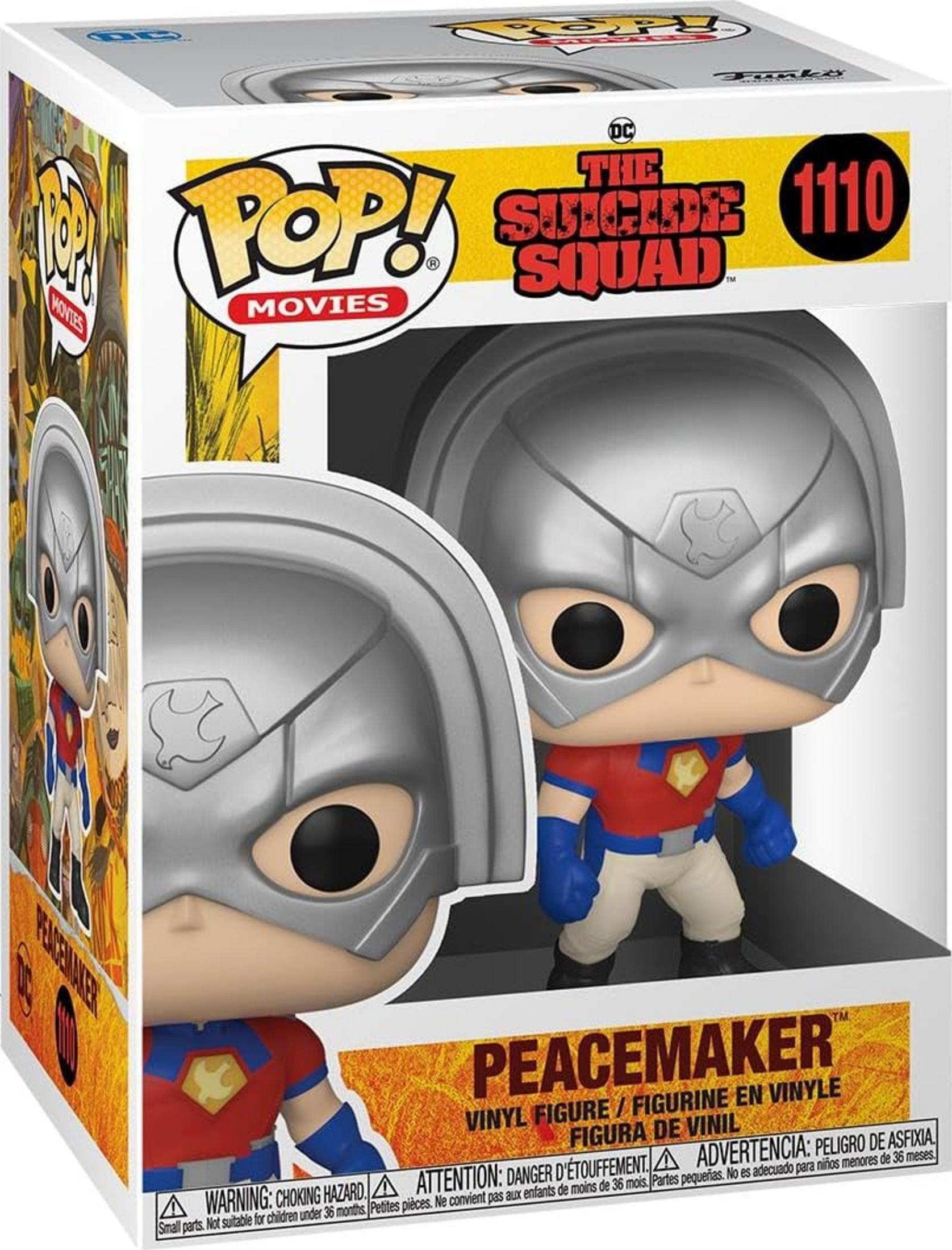 Funko Pop! Figur von Peacemaker aus The Suicide Squad, mit silbernem Helm und rotem Anzug.